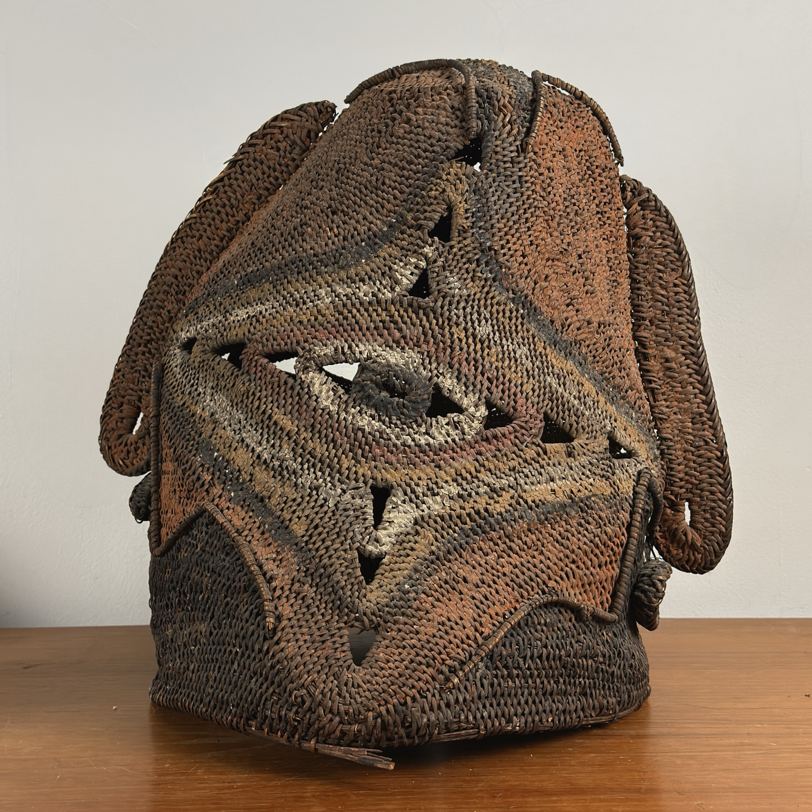 Monumental antique Abelam Baba Tagwa yam helmet mask full view woven cane fiber pigments