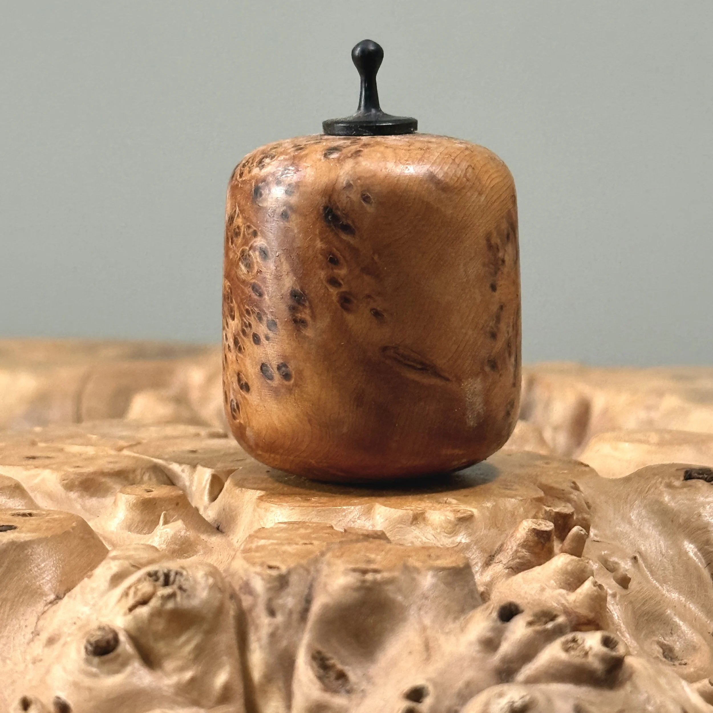 Vintage hand turned cherry burl wood miniature vessel with ebony finial on white background.