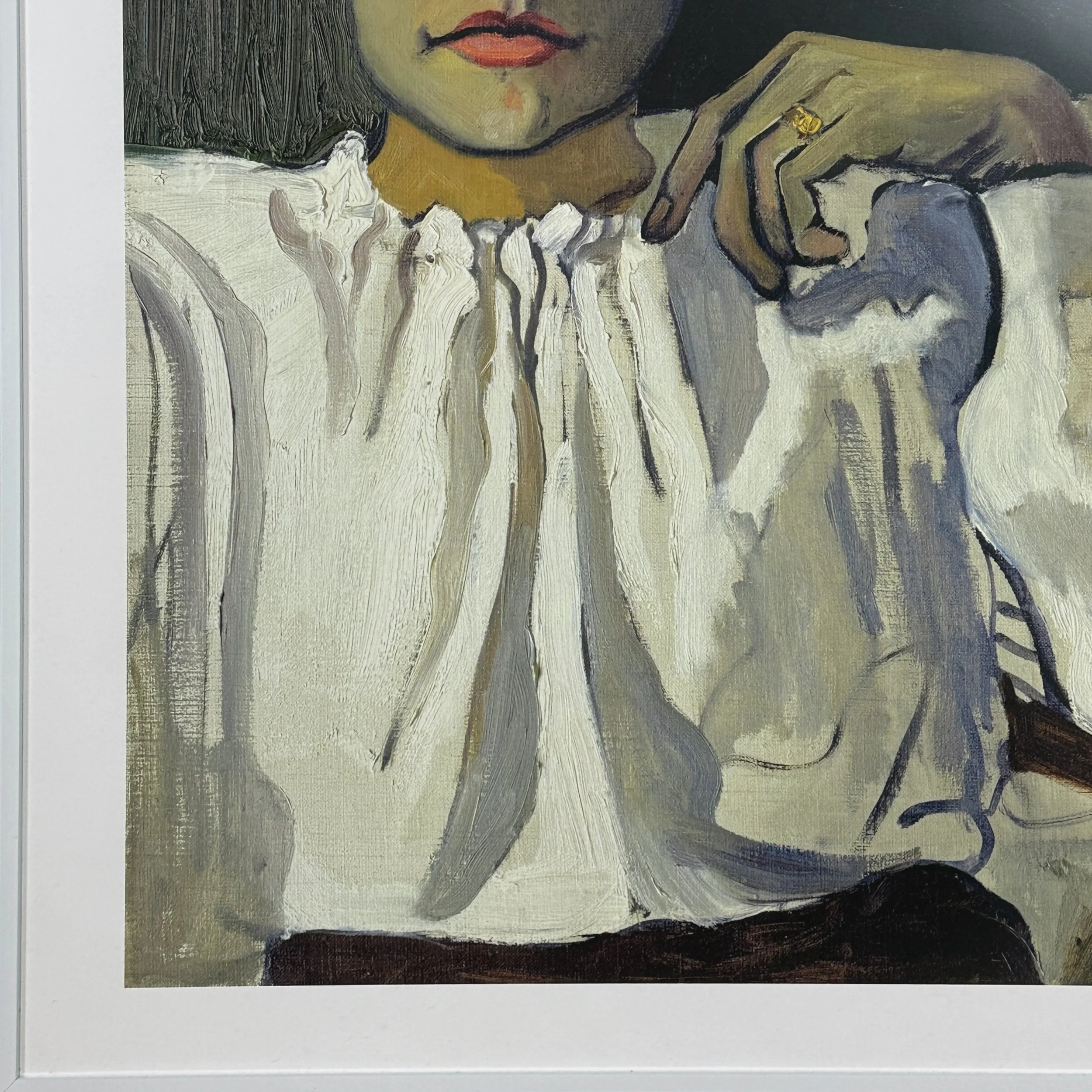 Close-up of Elenka's hands and seated posture in the Neel portrait.