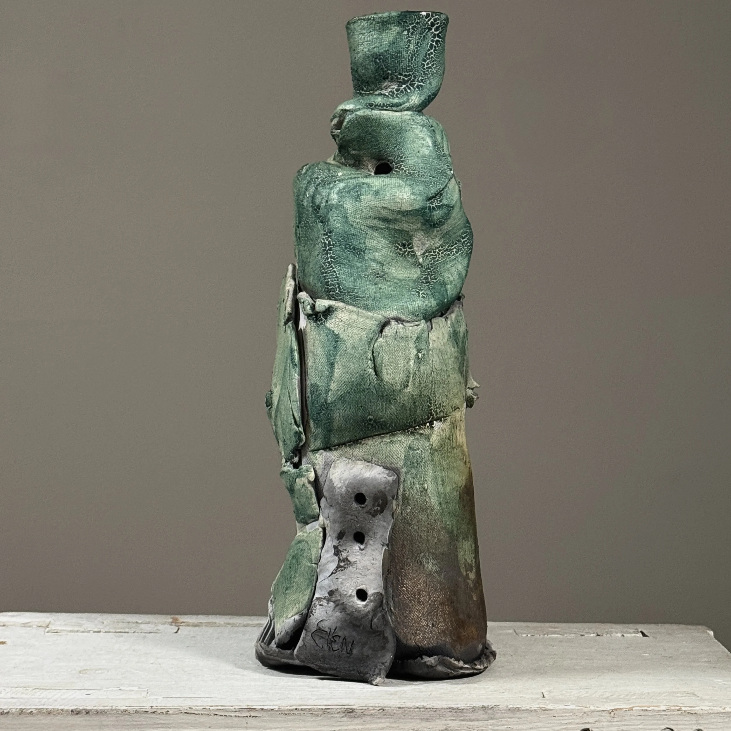 Vintage postmodernist slab-built stoneware vessel, iridescent oxblood and green glaze