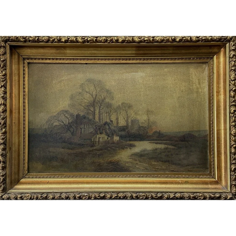 Full frontal view of an antique oil on board landscape depicting a cottage at dusk