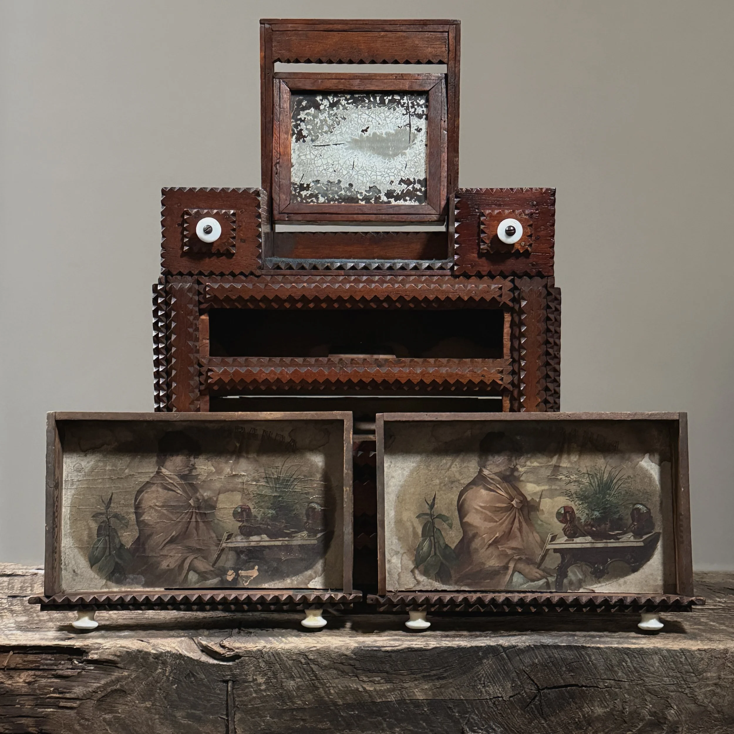 Open drawer showing the original vintage cigar box paper lining.