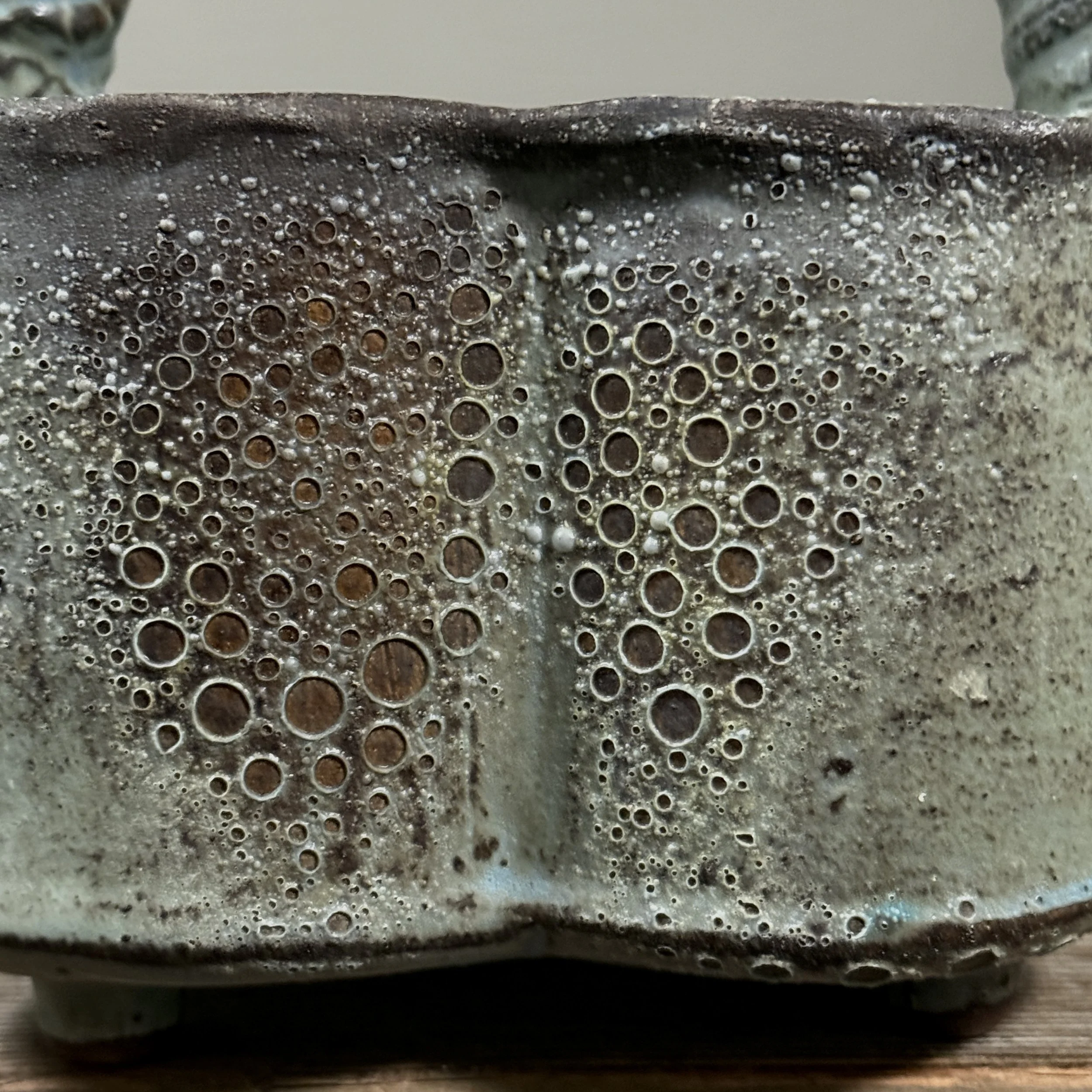 Seiko Kato Behr greenish-blue glazed stoneware vessel with hand-coiled handle