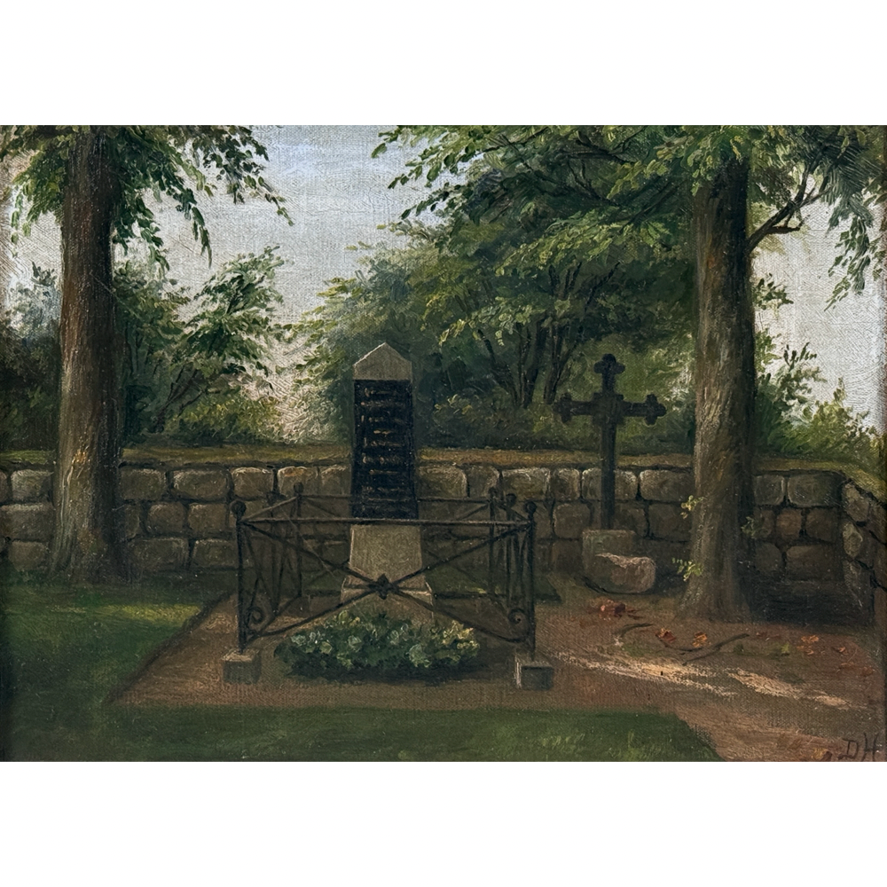 Full front view of 1907 oil painting of General Bülow's grave at Dybbøl Kirkegård, initialed