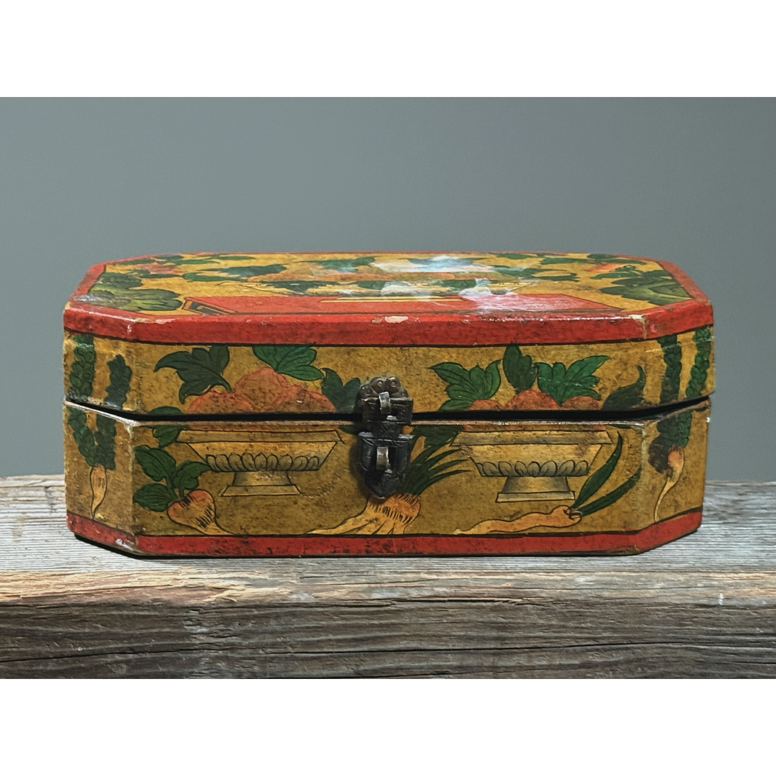 Vintage folk art hand painted Indian trinket box. 9.25 inches wide by 5.75 inches deep by 3.4 inches high.