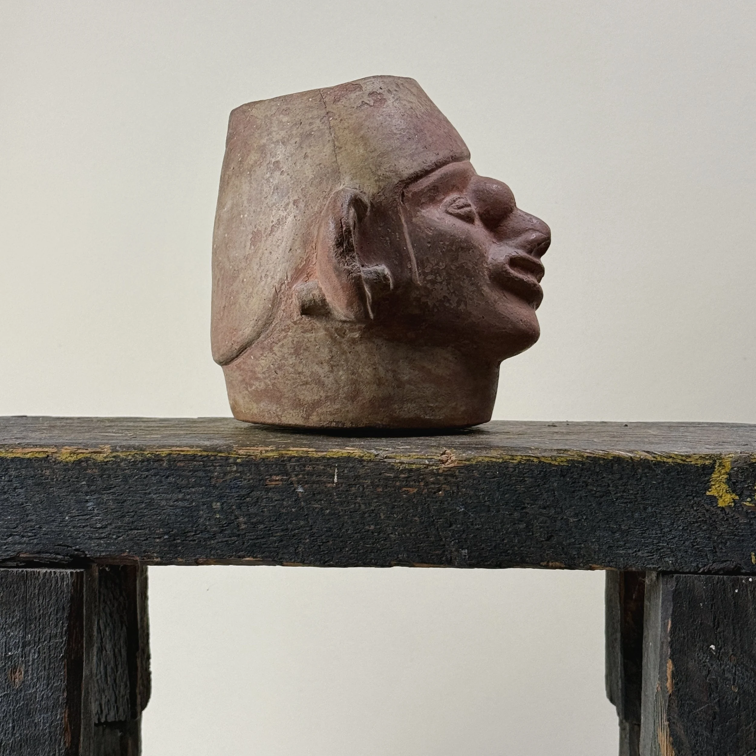 Side view of Pre-Columbian Moche portrait head vessel with facial paralysis and tumor