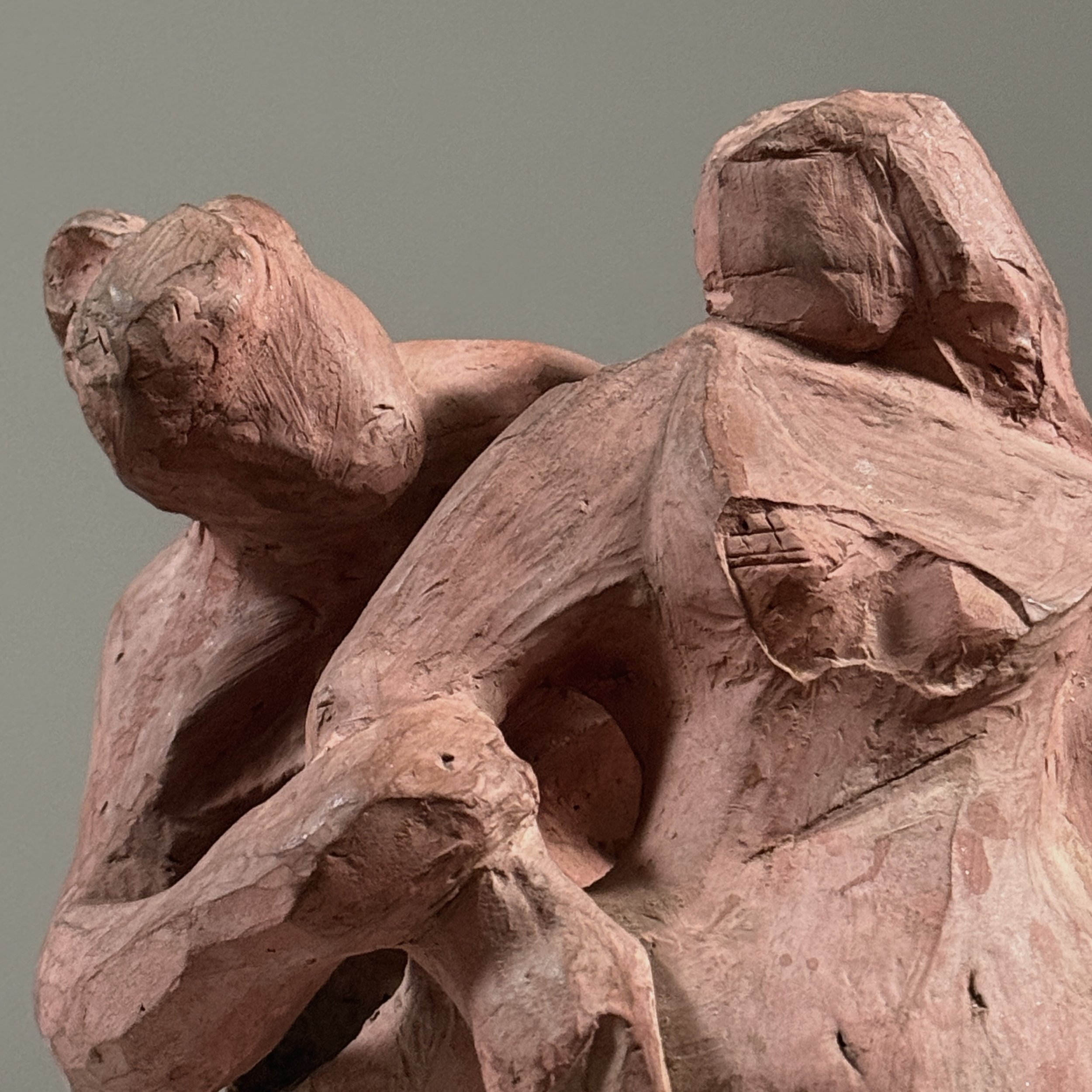 Vintage modernist figurative terracotta sculpture, two seated figures, signed