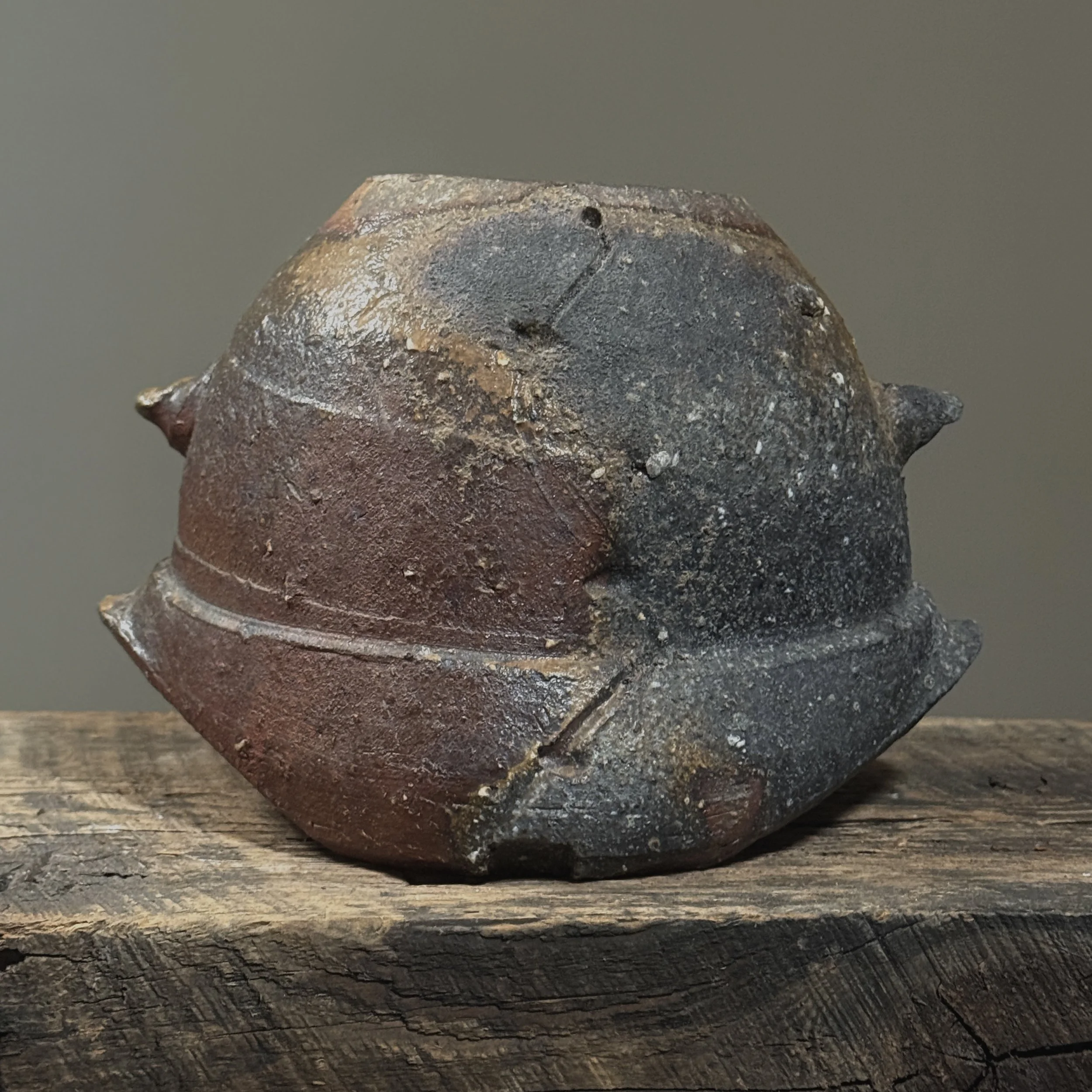 Vintage Brutalist ceramic vessel with wood-fired surface