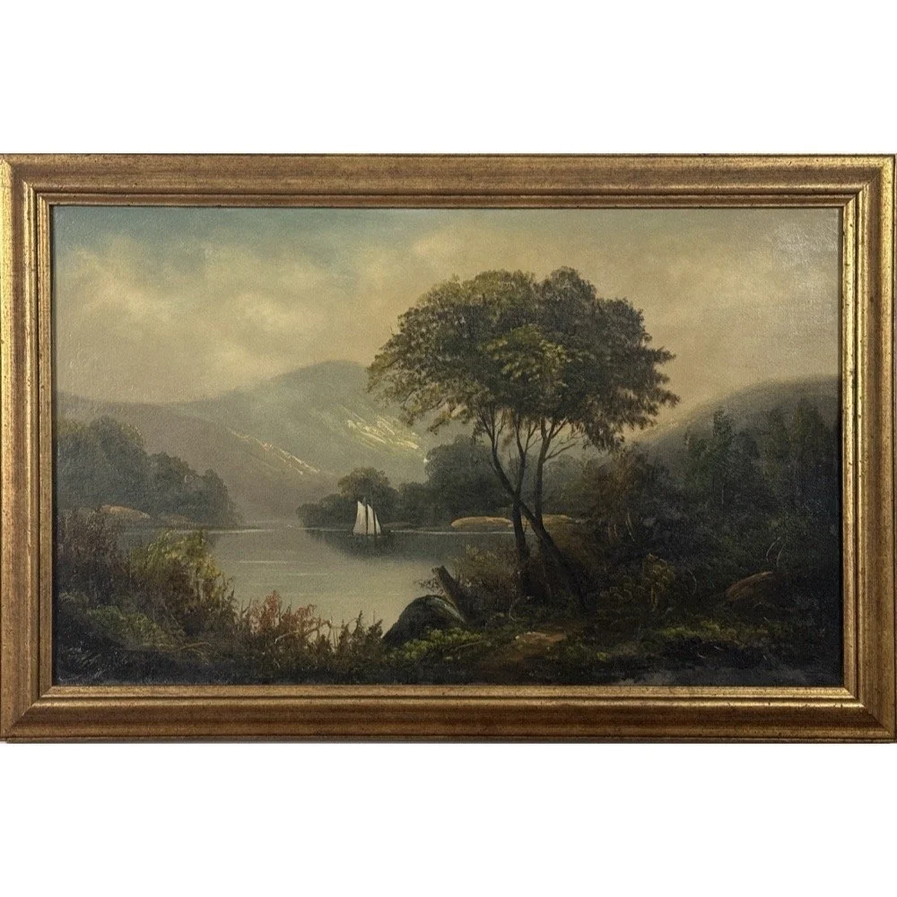 Antique Hudson River School style landscape painting with lake and sailboat