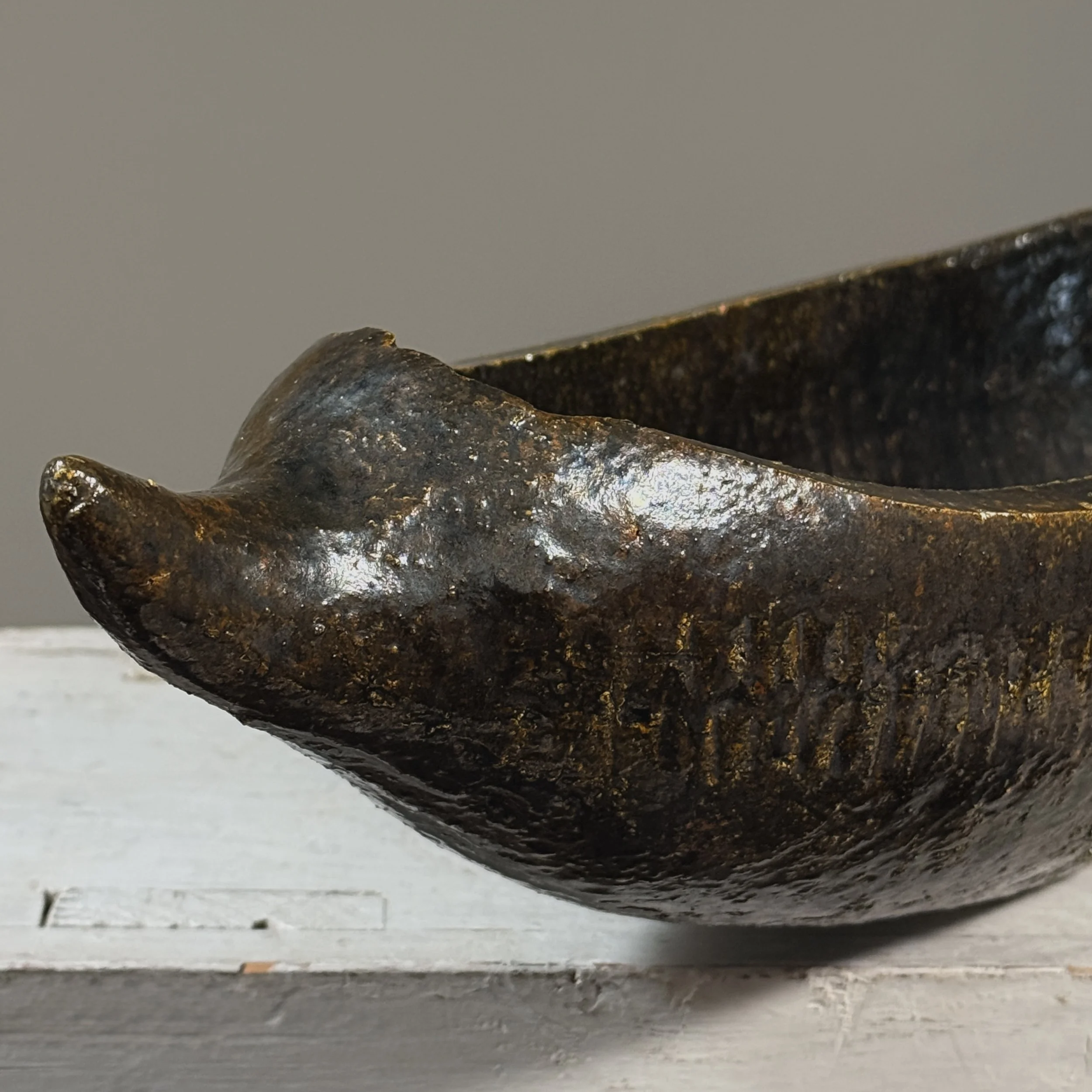 Large vintage Japanese Brutalist abstract wood fired stoneware vessel, signed