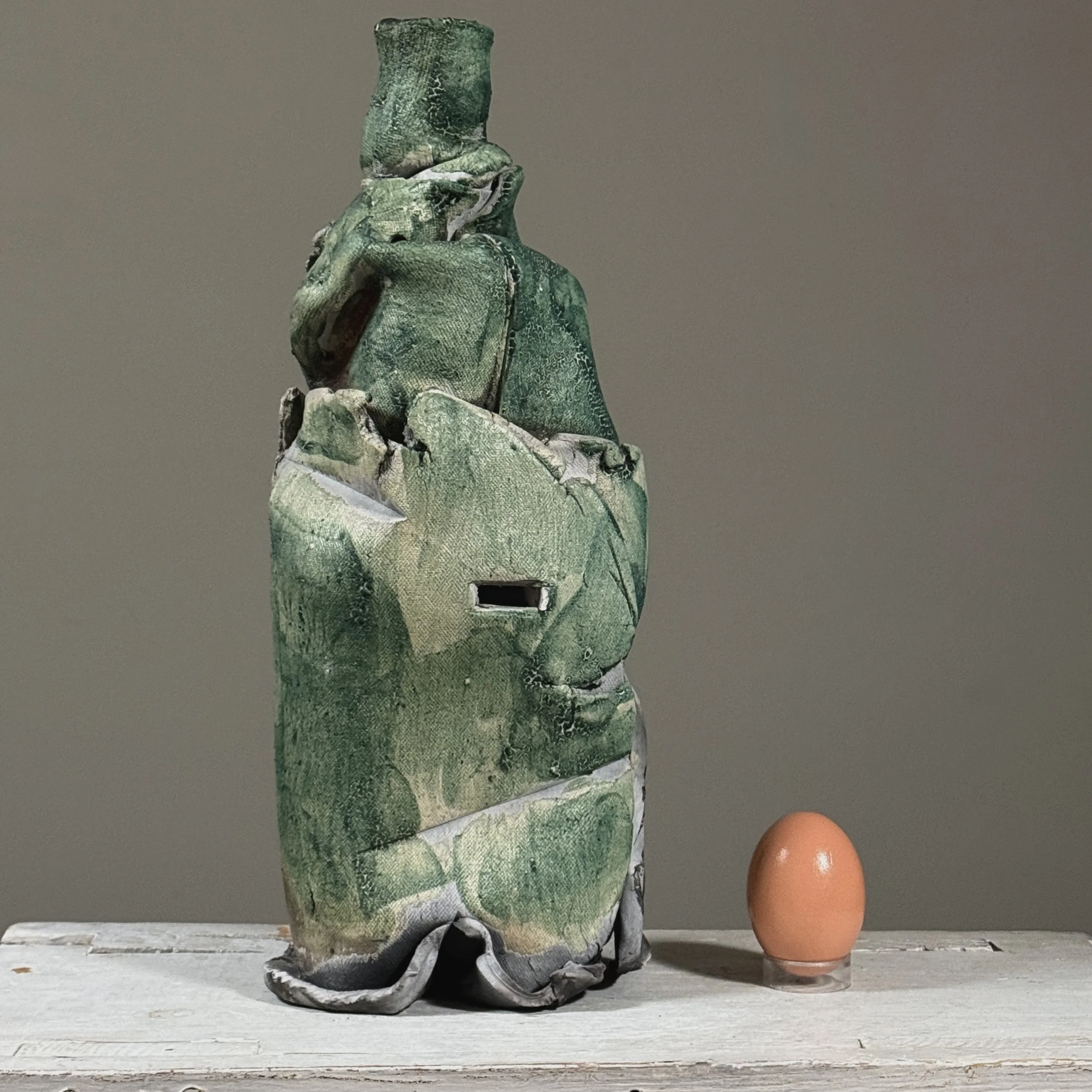 Vintage postmodernist slab-built stoneware vessel, iridescent oxblood and green glaze