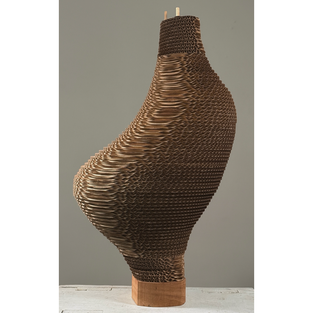 Vintage biomorphic postmodernist corrugated cardboard sculpture on carved wood base