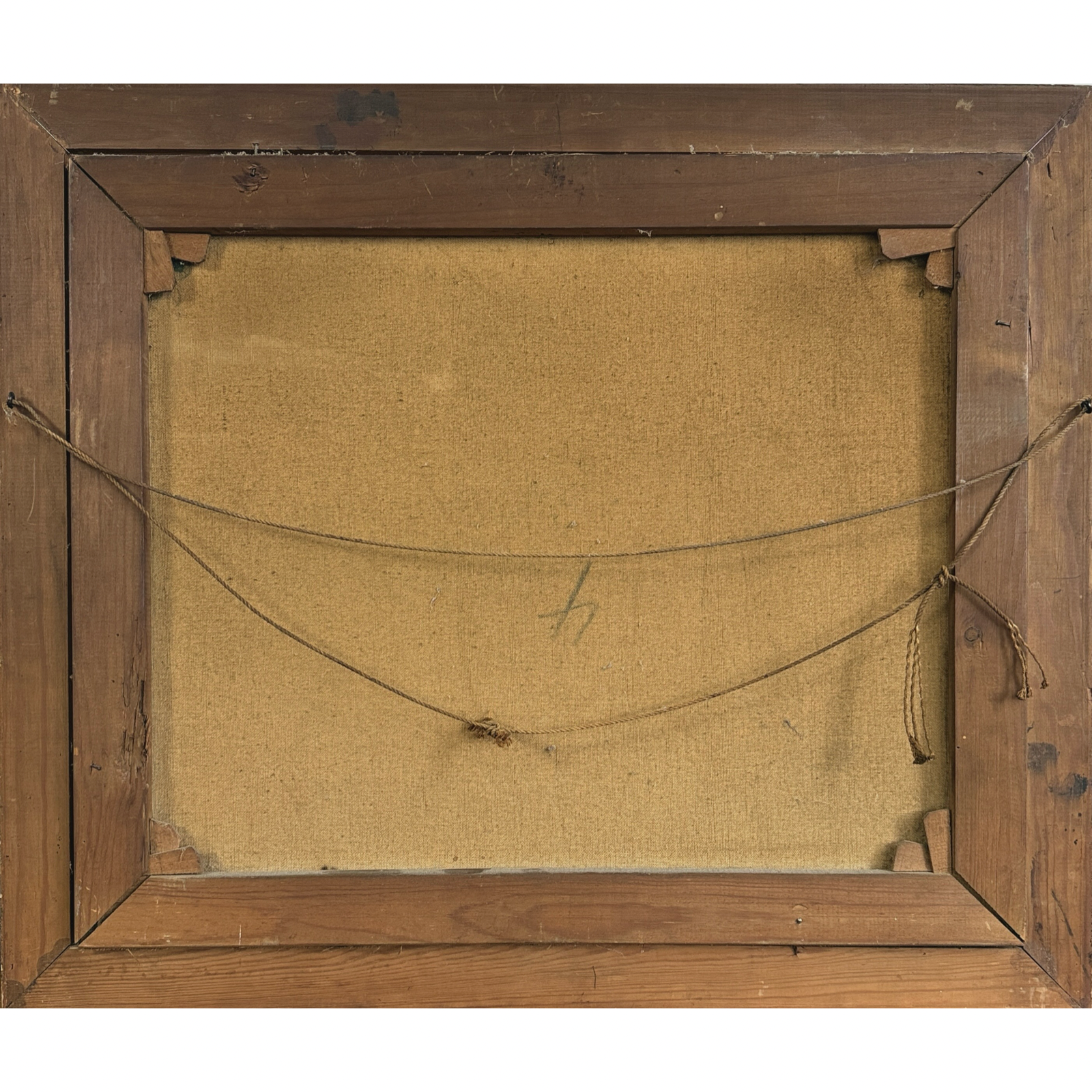 View of the verso / backside of antique Danish Folk Art cityscape study, showing reverse of canvas