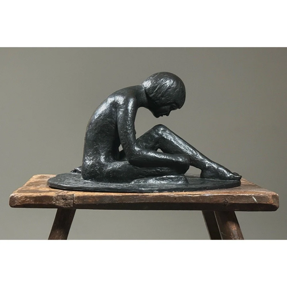 Vintage Expressionist bronze sculpture by Alma Helbig Hobson. Seated nude woman. 1993.