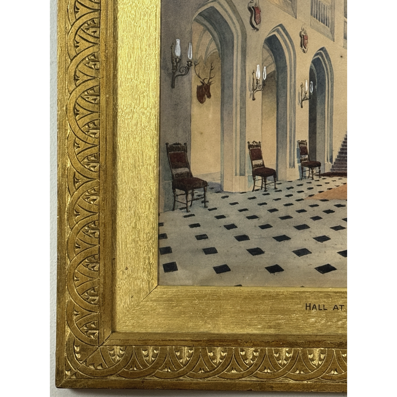 Detail of Gothic Revival interior watercolor, Ravensworth Castle great hall, signed