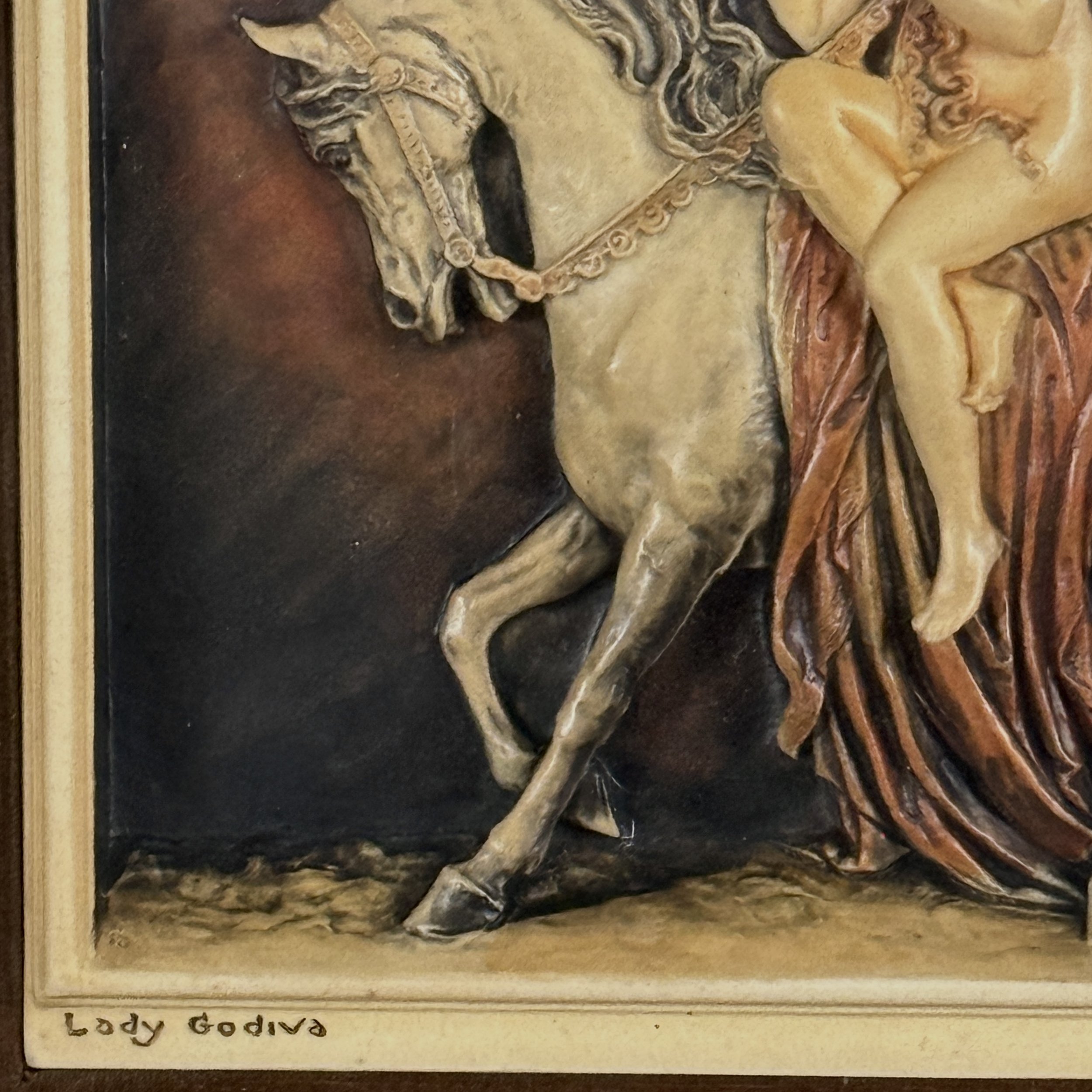 Detail of Antique Victorian hand-painted wax bas-relief diorama of Lady Godiva