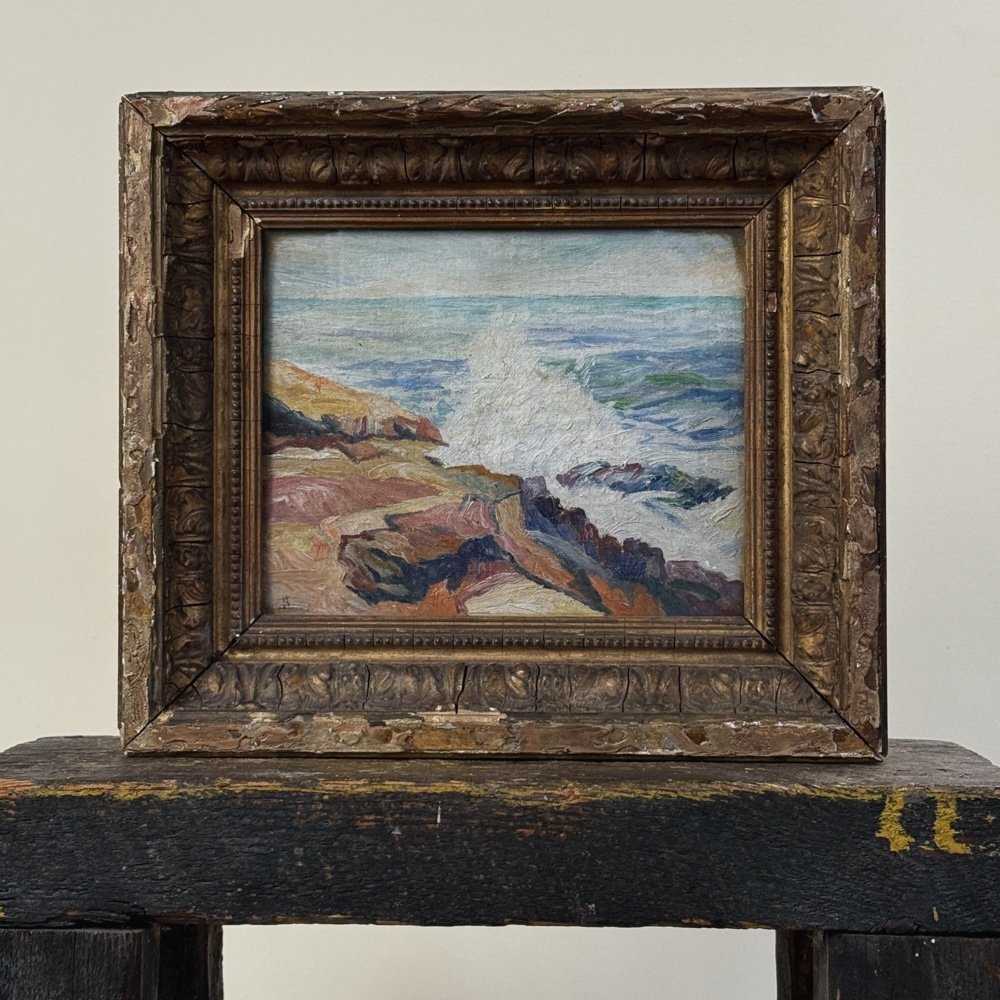 Antique Impressionist seascape. Oil on board. Rocky shore and crashing waves. 10.75 by 9.5 inches framed.