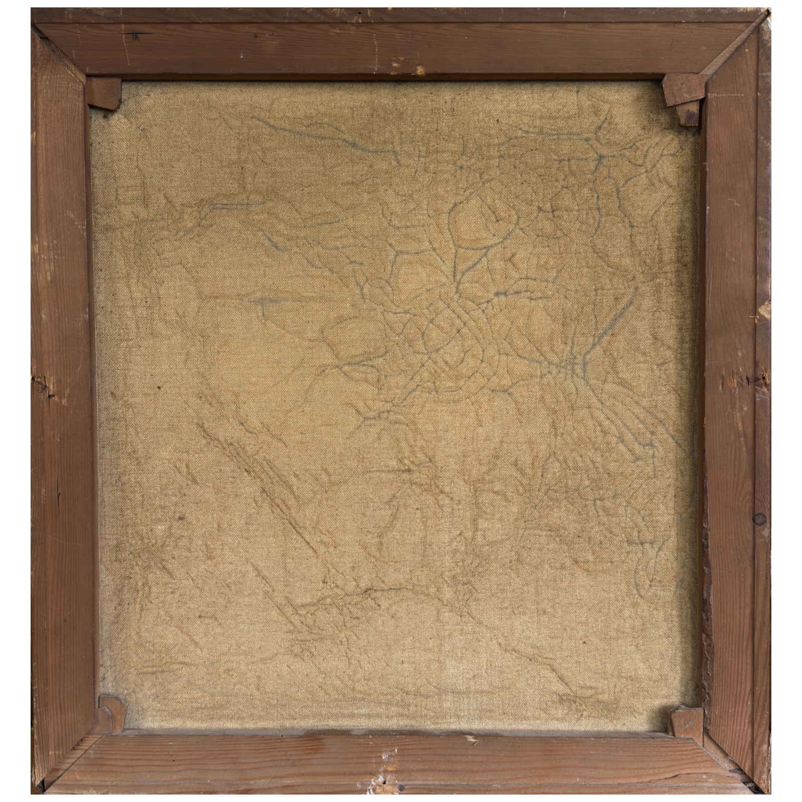 View of the verso / backside of antique Danish Folk Art seascape with boat and figures, showing reverse of canvas