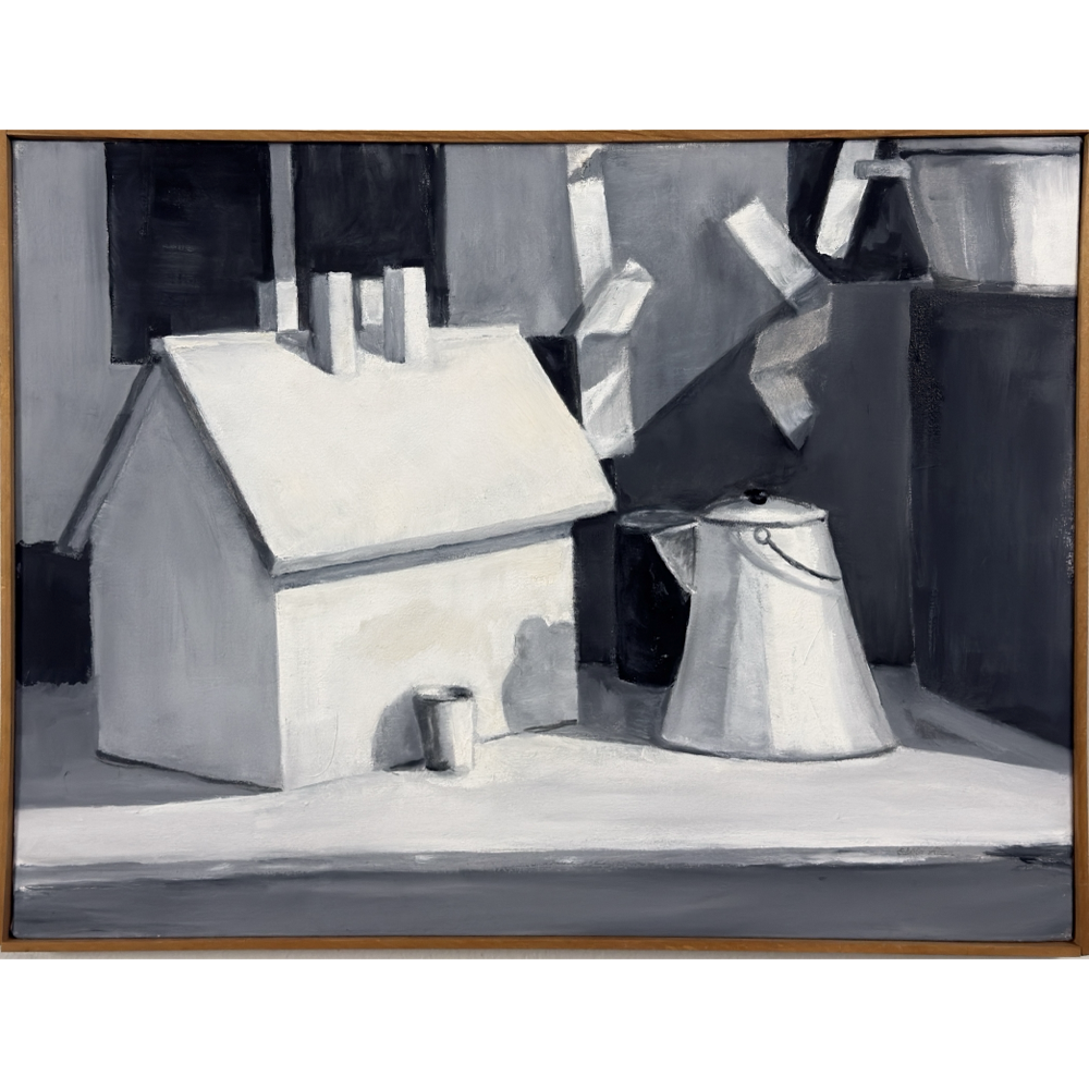 Vintage monochromatic realist still life with house sculpture and kettle, signed