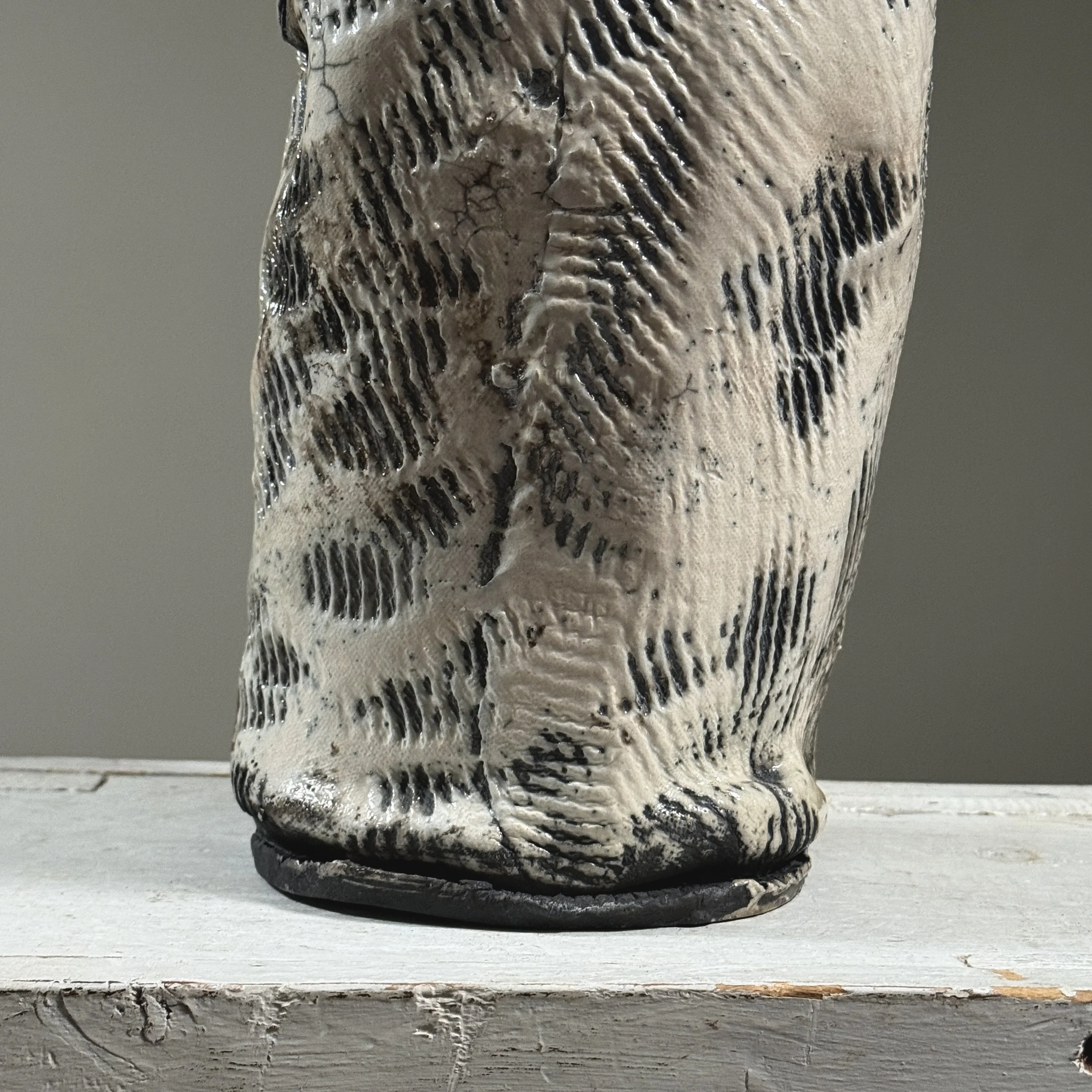 Vintage Brutalist Expressionist wood fired slab built crackle glaze vase