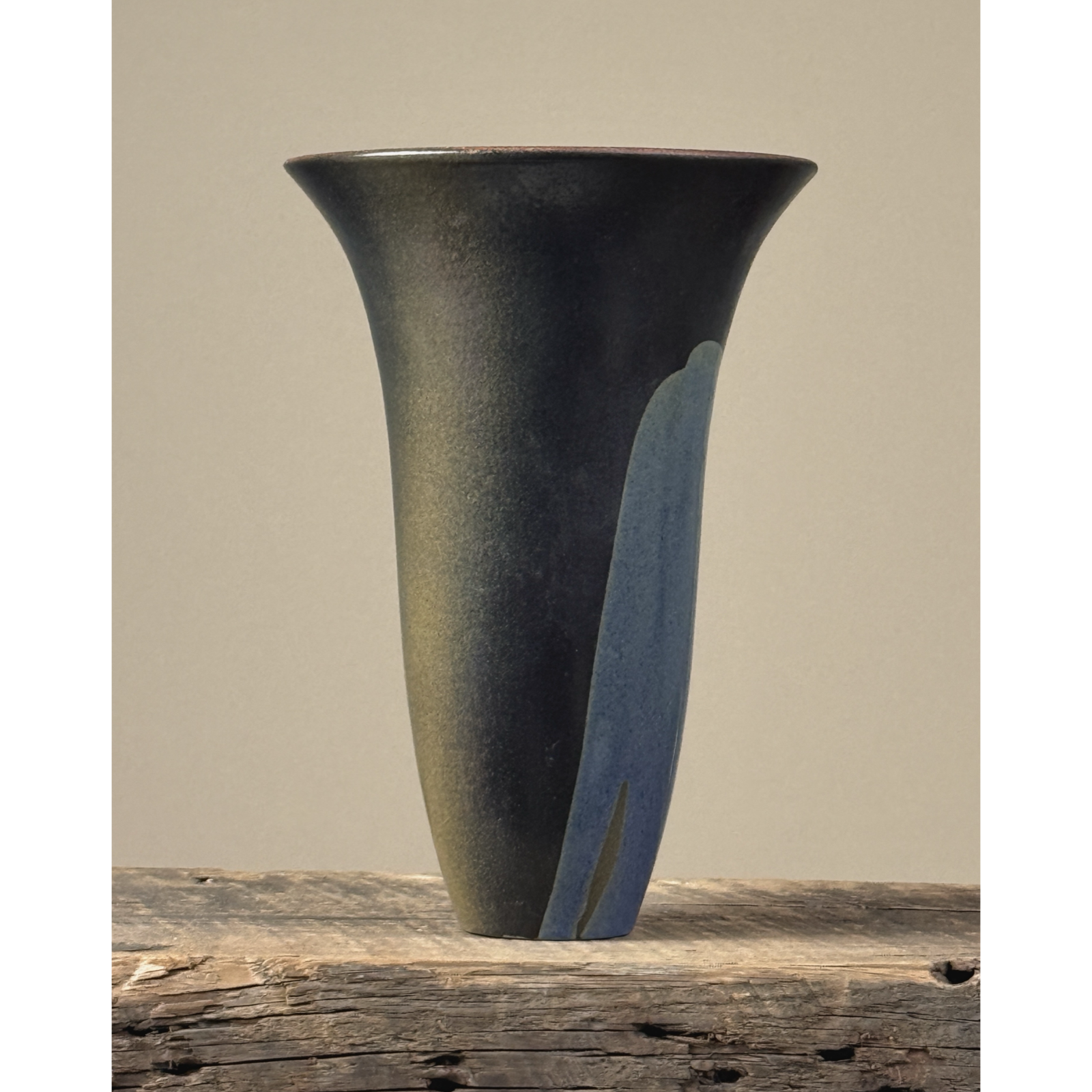 Vintage Japanese Modernist speckled blue drip glaze trumpet vase, signed