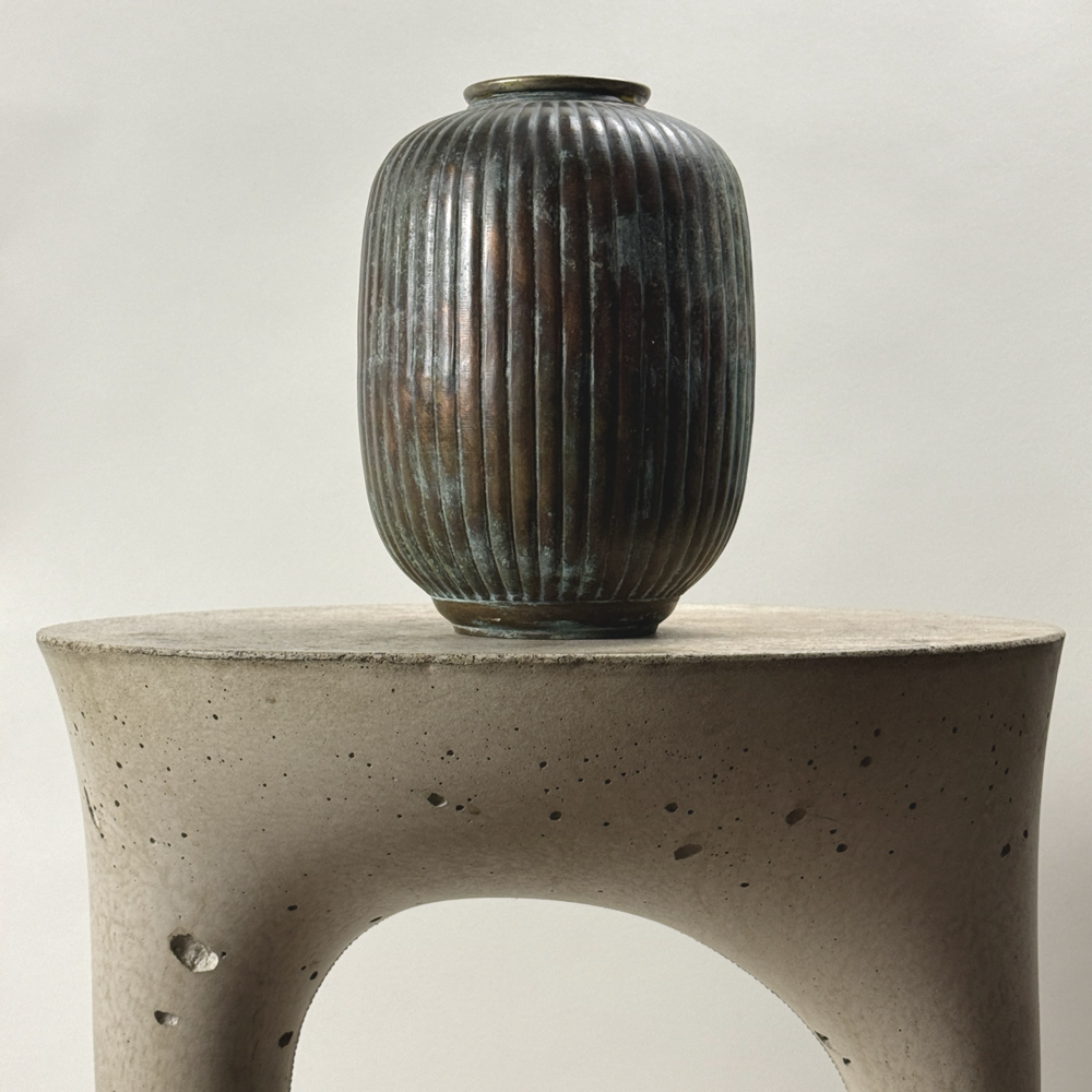 Full front view of antique Art Deco patinated brass ribbed vase, metal, verdegris patination over greyish-brown surface