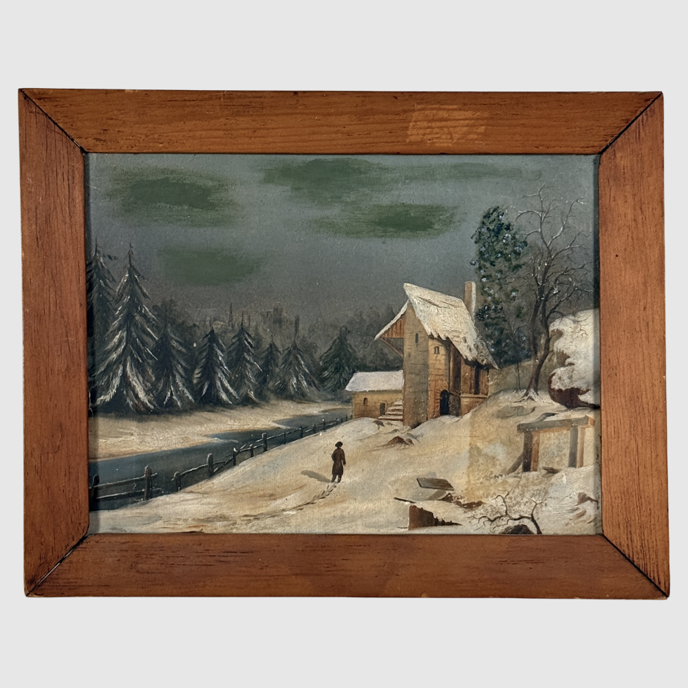 Antique folk art winter landscape with figure, signed, oil on canvas