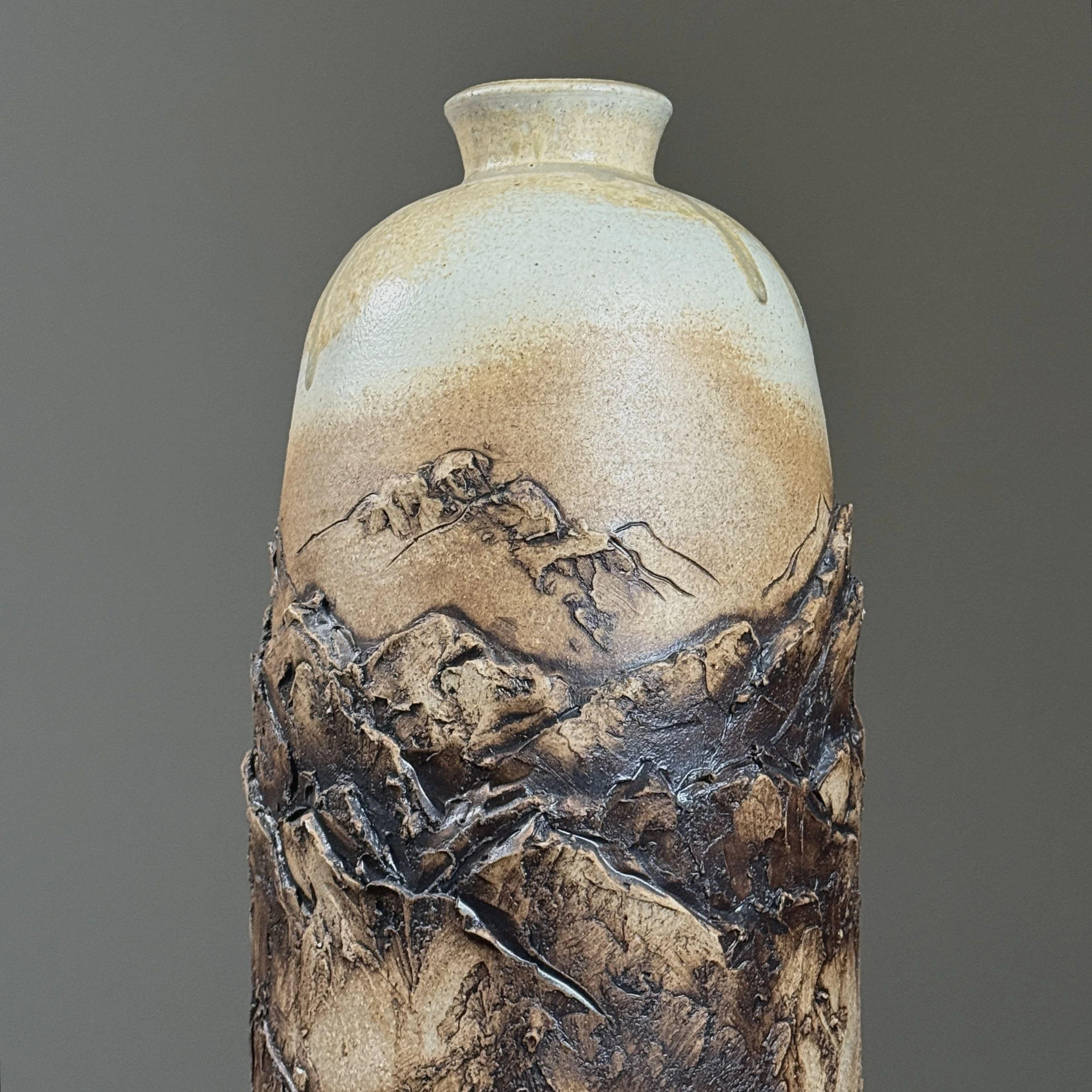 Short stout neck at top of Brutalist ceramic vase