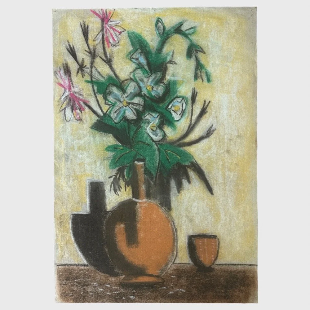 Frederick Childs (1908–1978) Vintage Modernist Still Life with Vase and Flowers (c. 1950, Pastel on Paper)