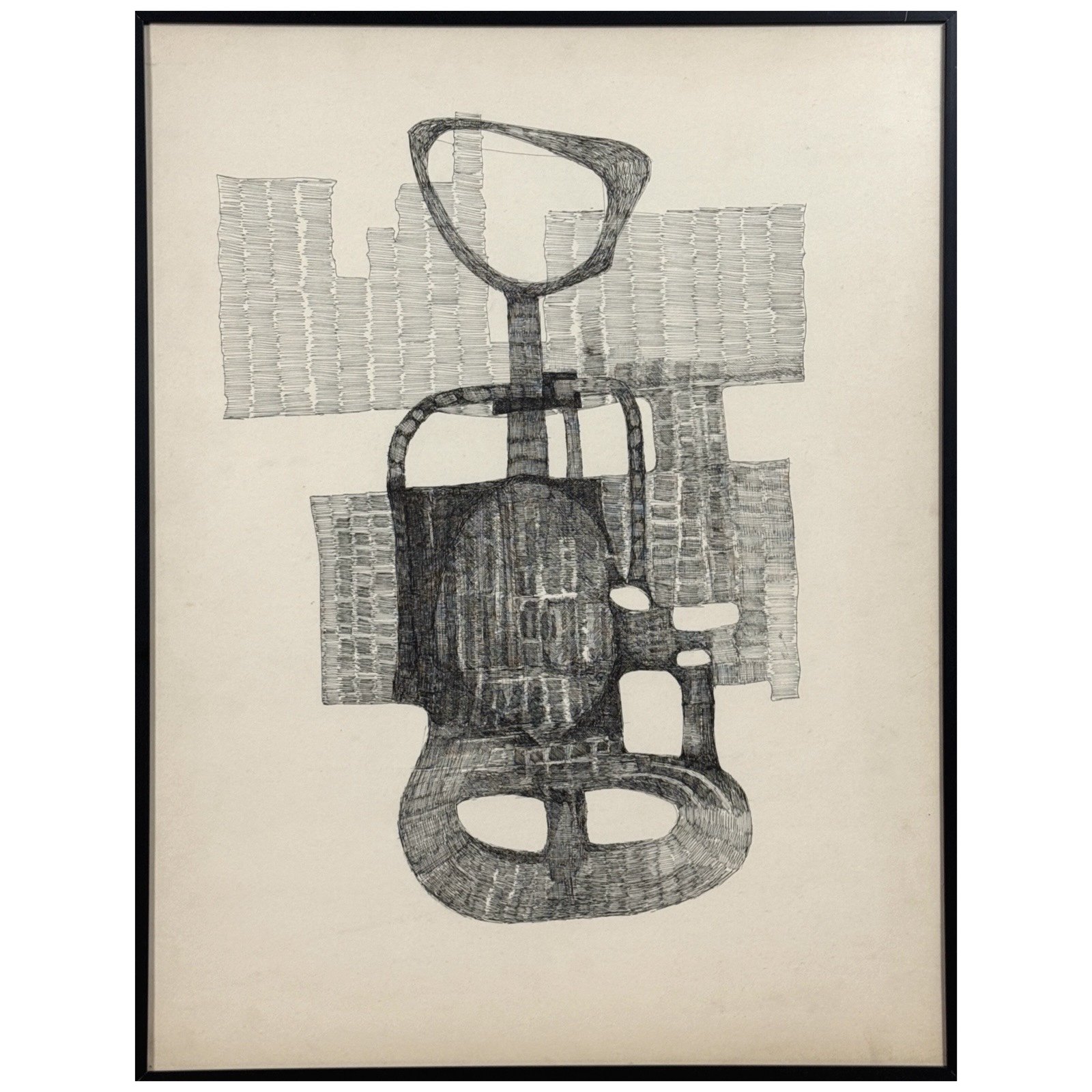 Full view of a framed abstract biomorphic drawing by Louis-René Berge.