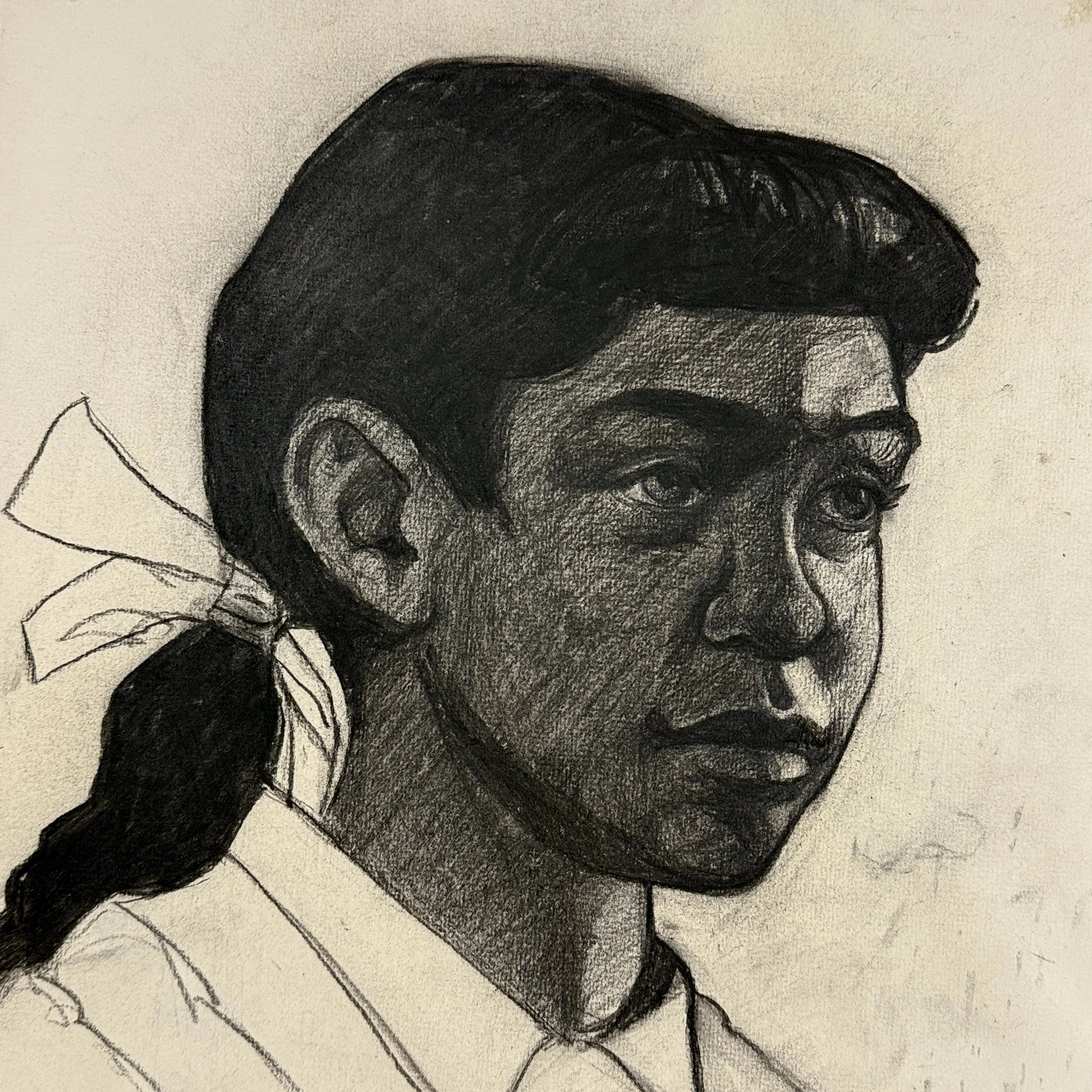Mid-century portrait drawing with expressive shading and tone