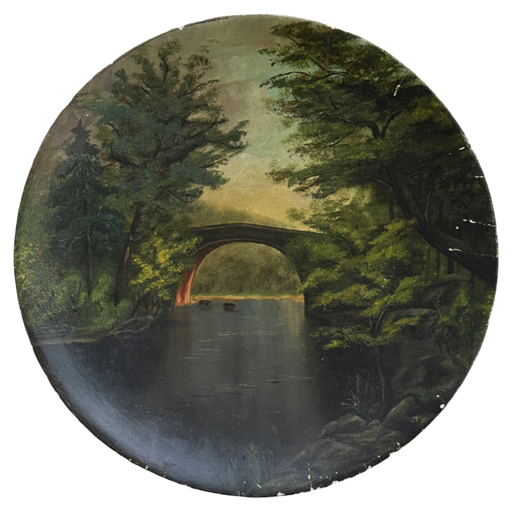 Antique Hudson River style riverscape on round leather board. 12 inch diameter.