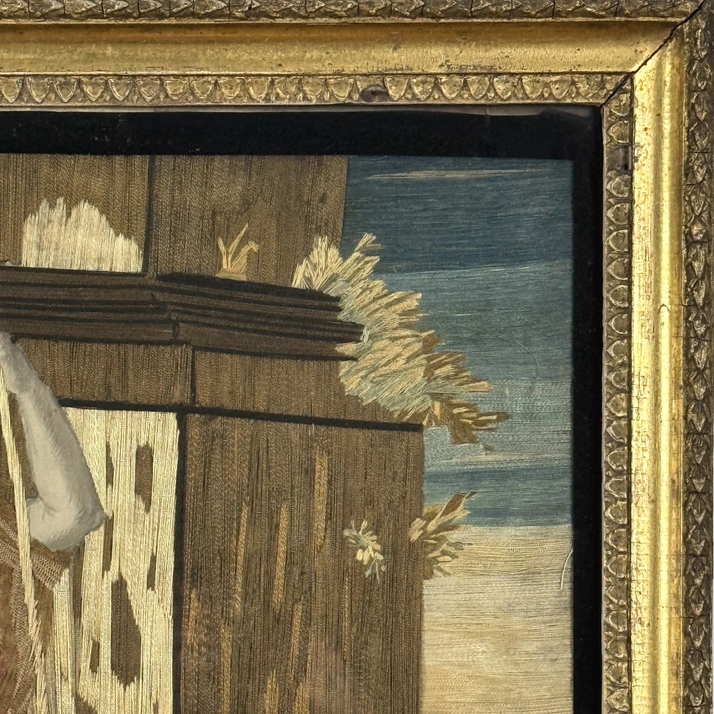 Layered silk embroidery with fabric appliqué and pailettes, antique needlework