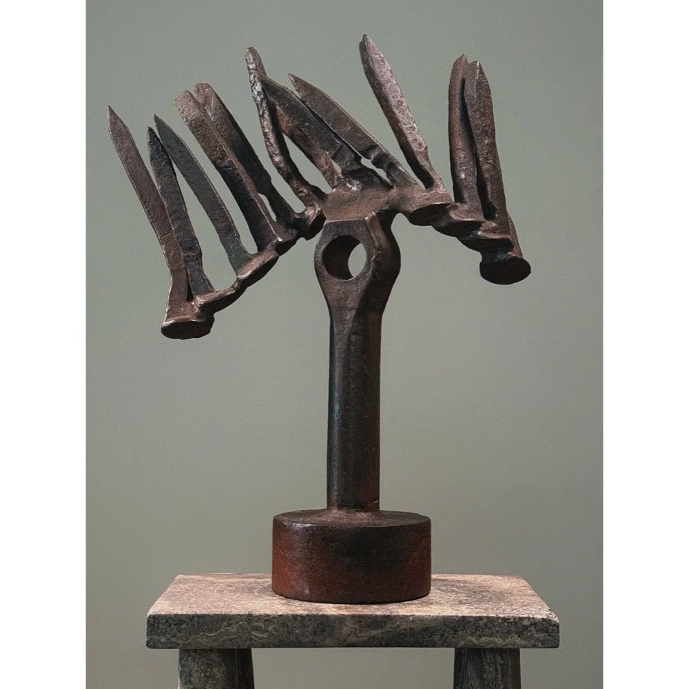 Vintage Brutalist abstract forged iron sculpture on white background. 17.5 inches tall.