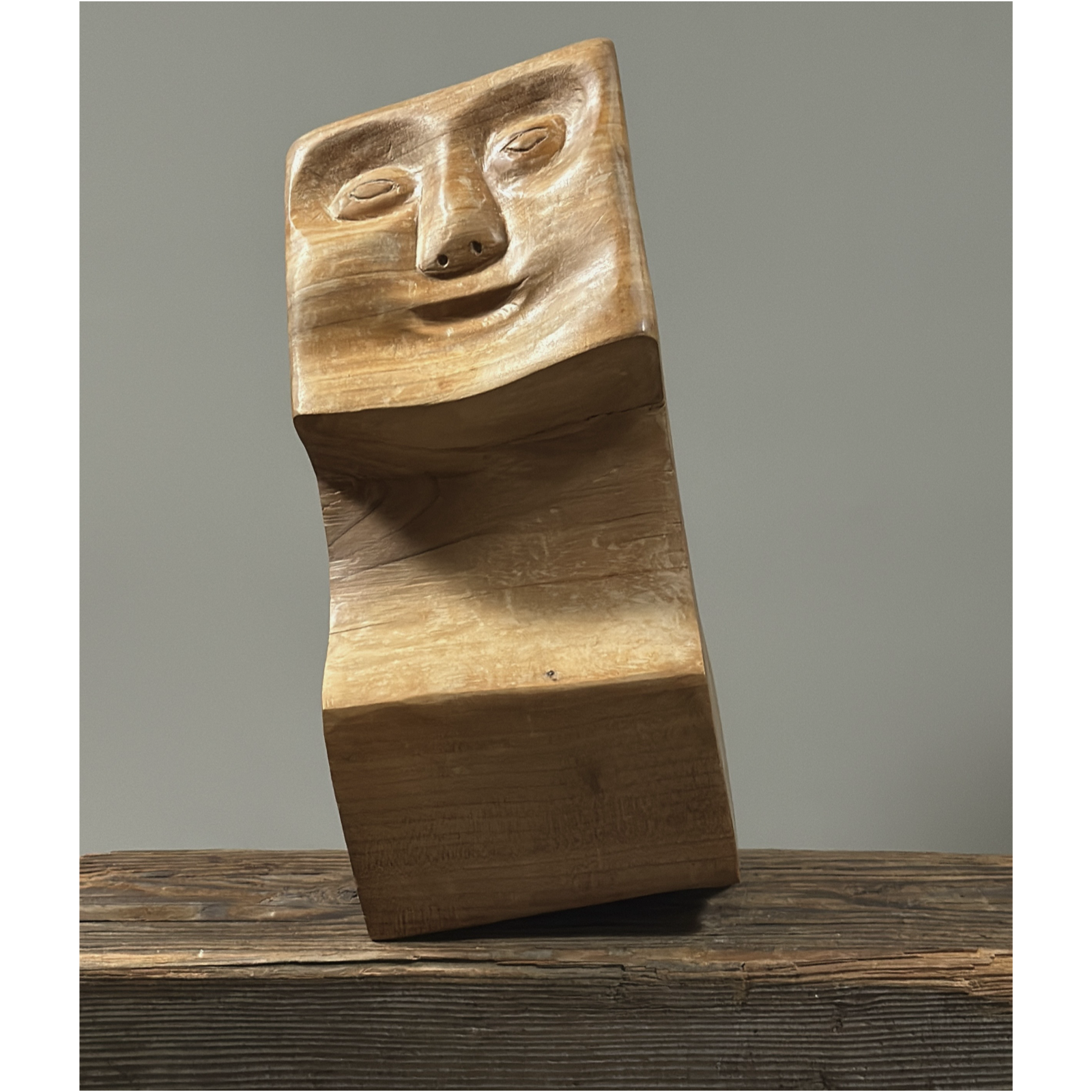 Full front view of vintage hand carved Danish cubist style portrait sculpture, geometric faceted wood form, unsigned, 13.25 inches tall