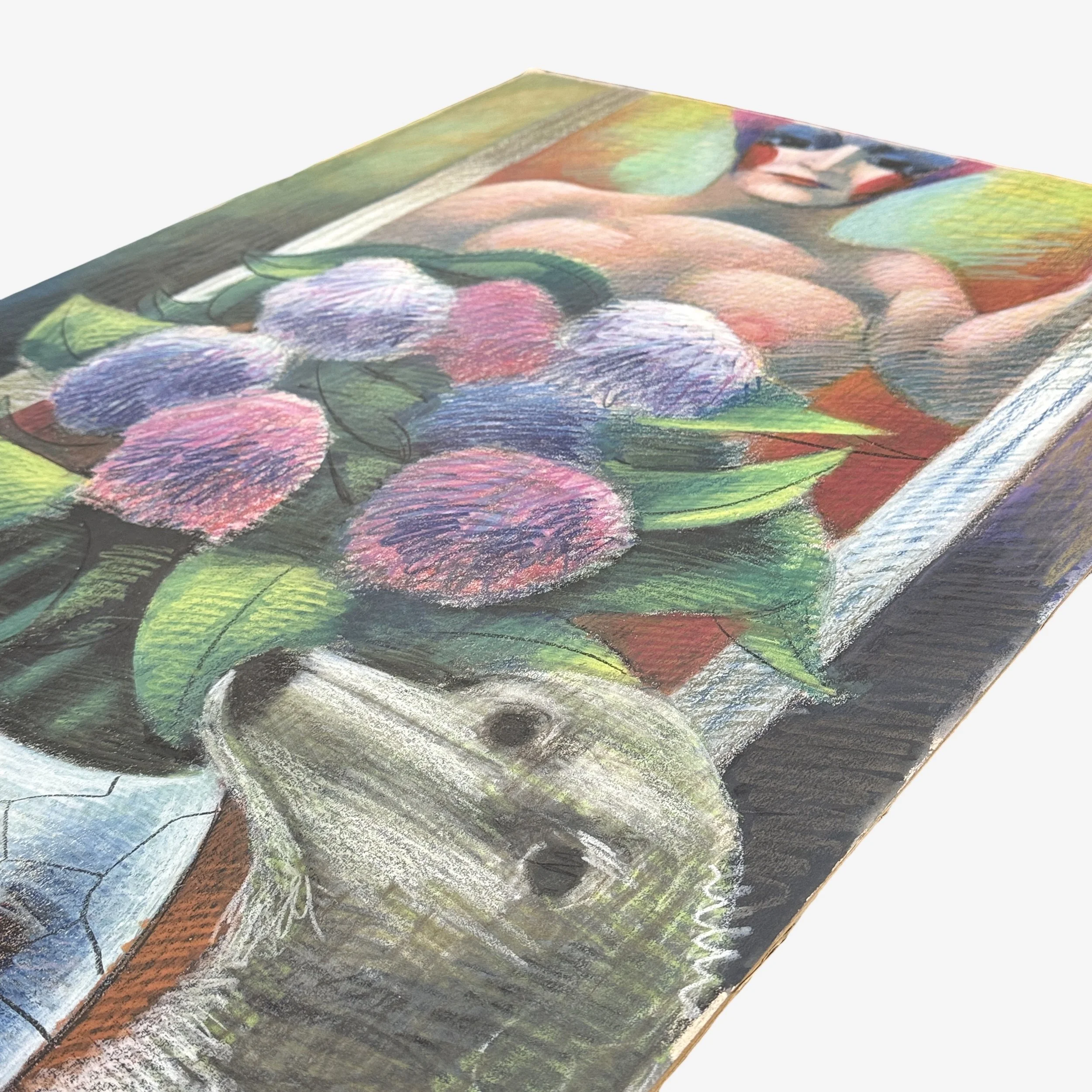 Mid-century pastel with stylized dramatic composition