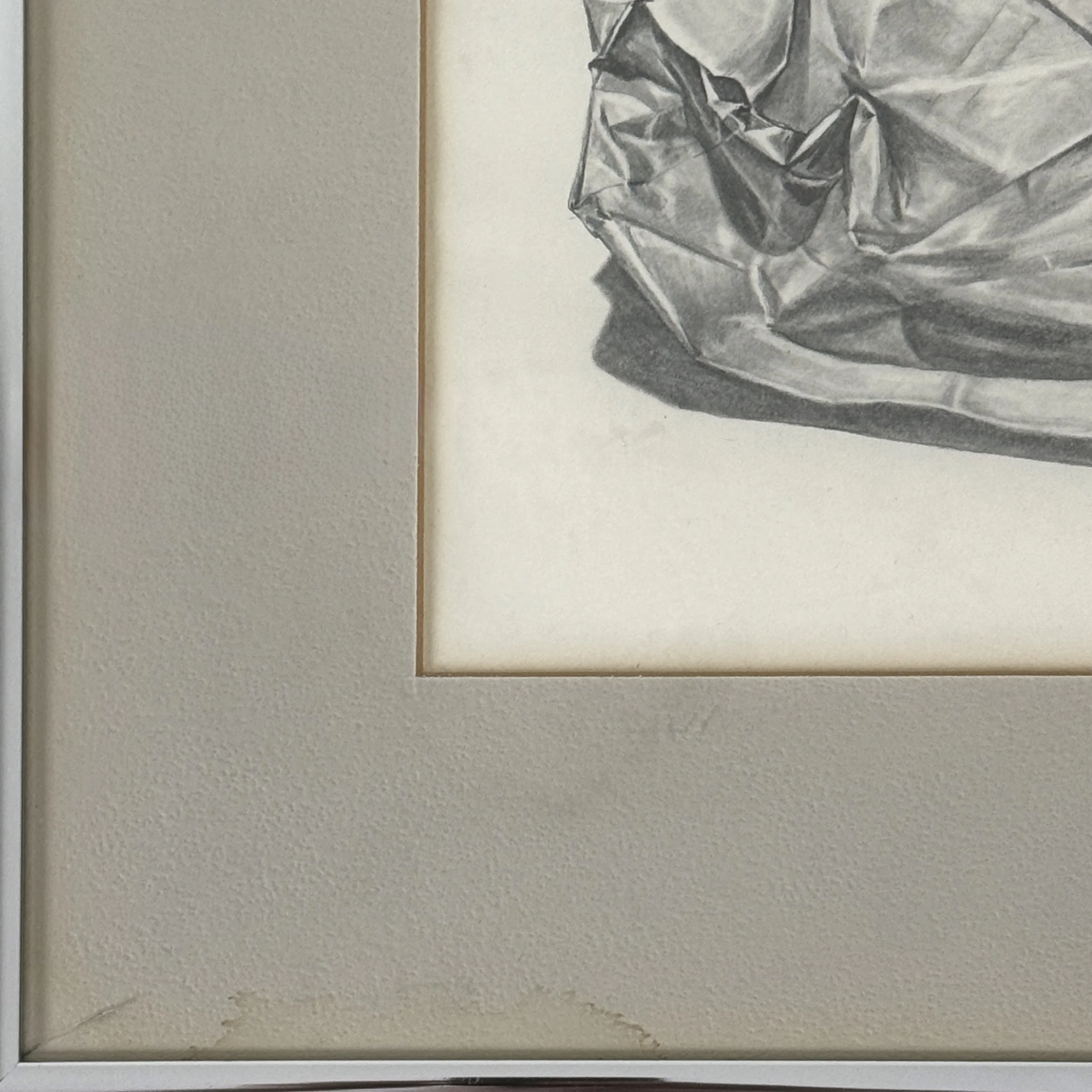 Vintage Hyperrealist drawing of a paper bag and pencils, signed