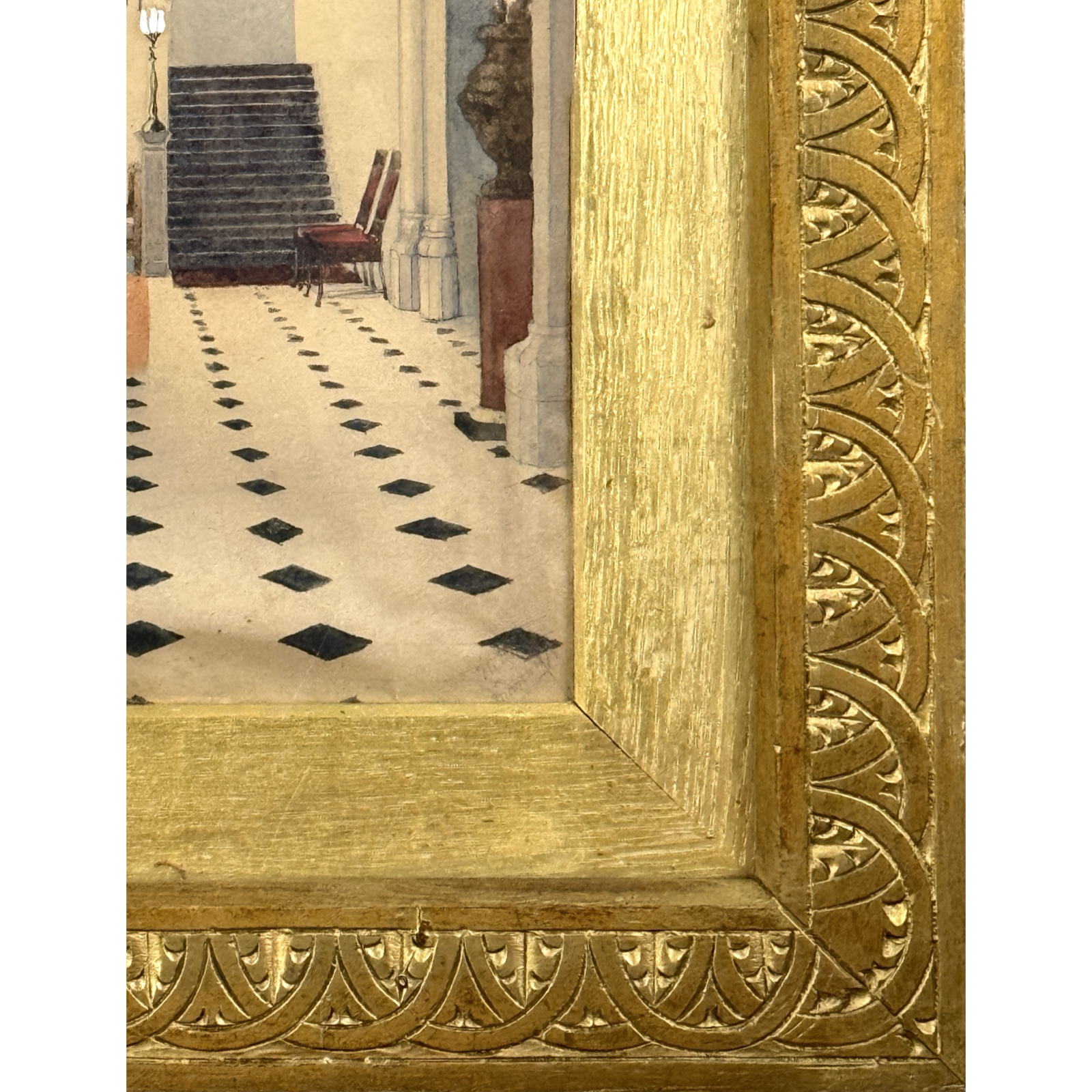 Detail of Gothic Revival interior watercolor, Ravensworth Castle great hall, signed