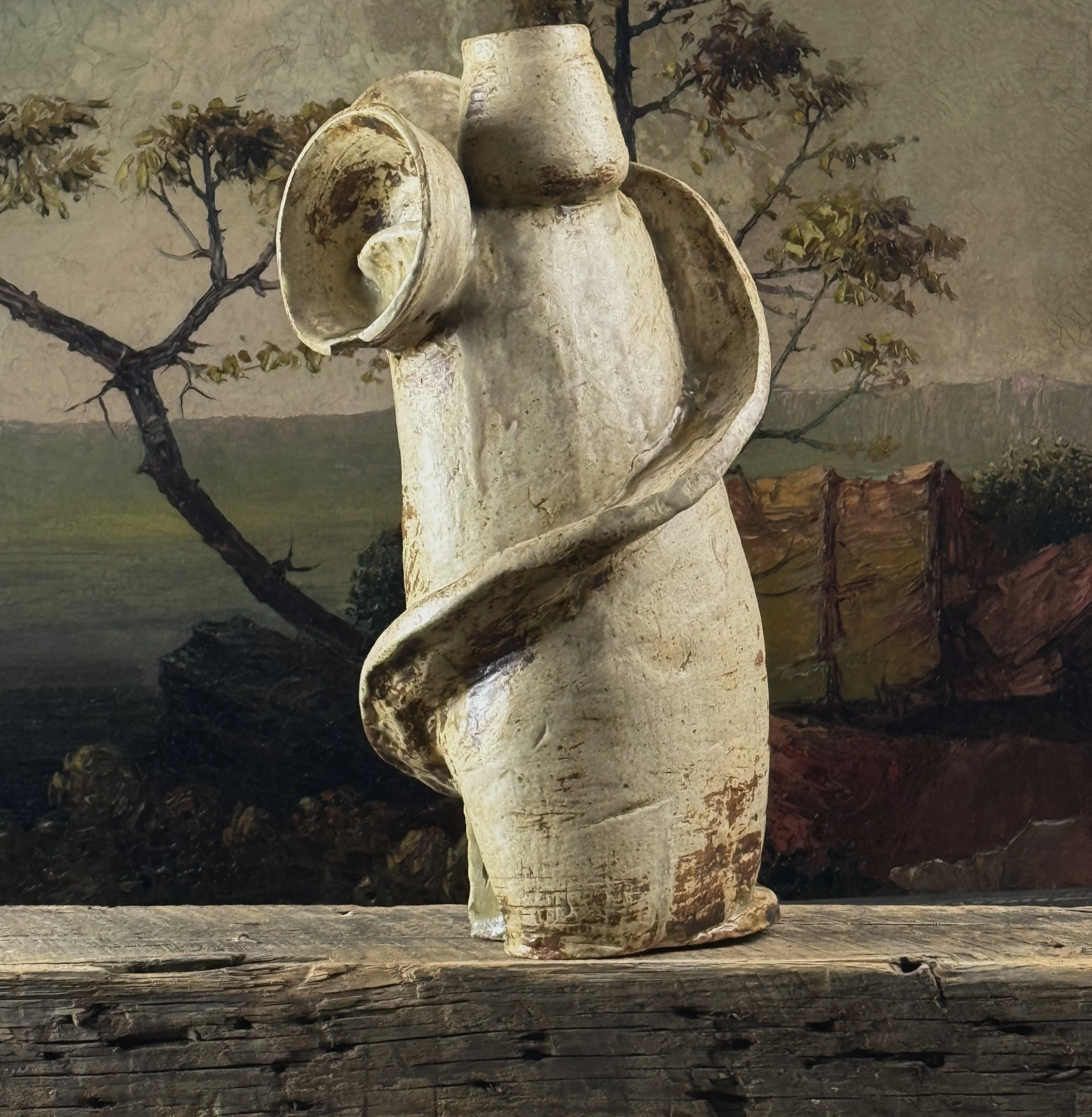 Vintage Brutalist beige glazed ceramic sculpture with three cups