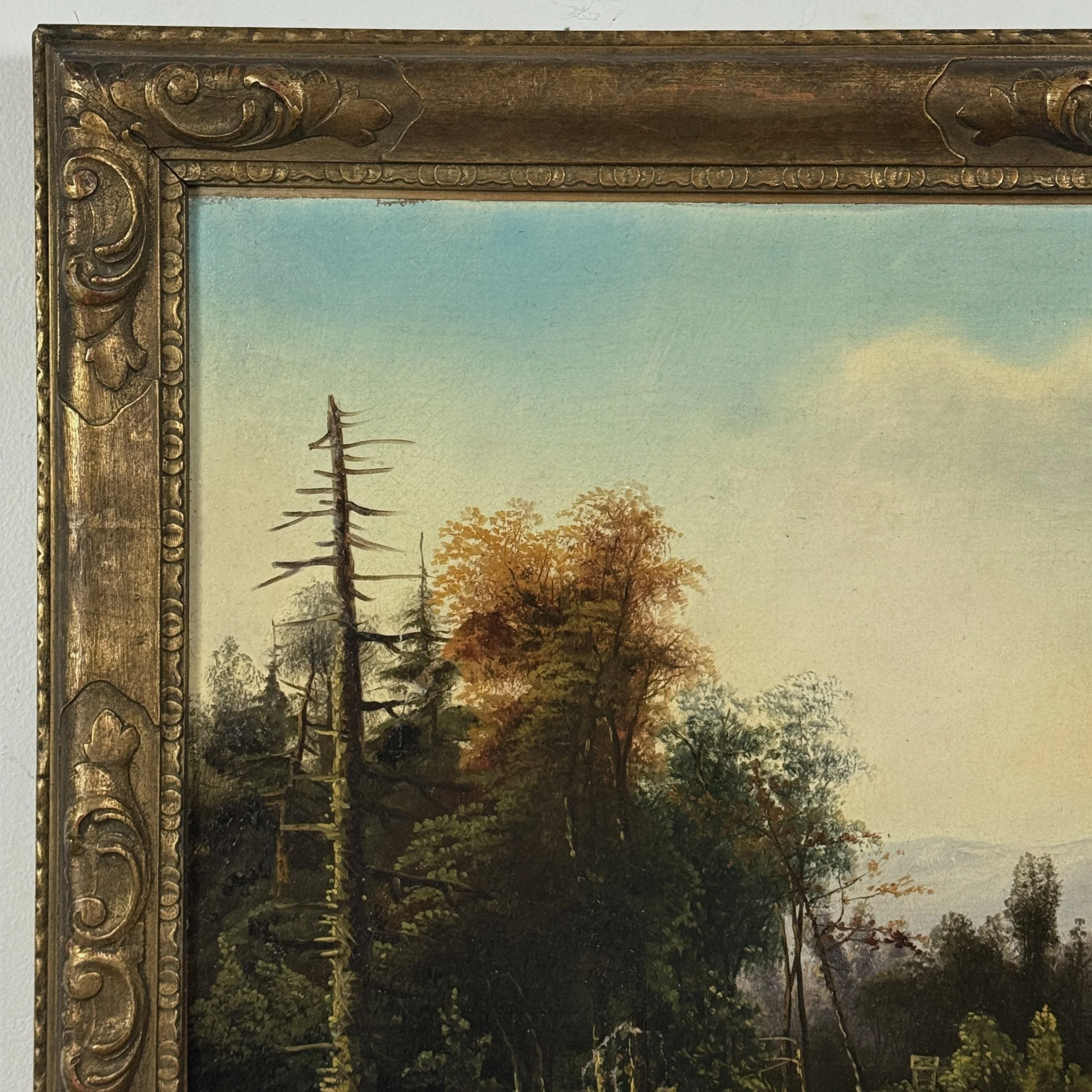 The left quadrant of the canvas showing the approximately one-inch area of damage