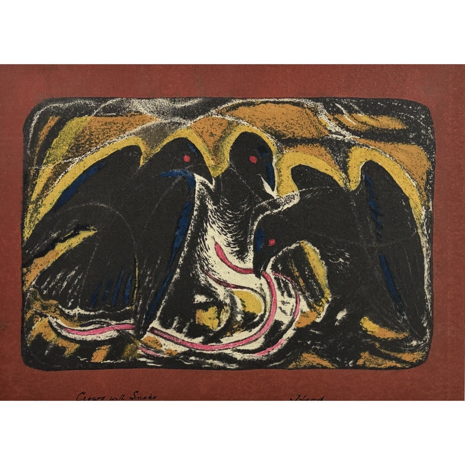 Vintage Modernist monotype of three crows and snake by Richard Hood
