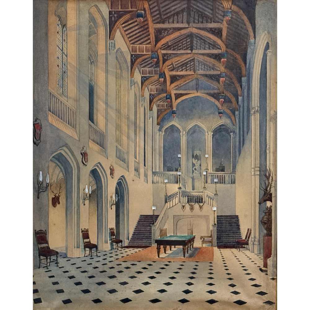 Gothic Revival interior watercolor, Ravensworth Castle great hall, signed