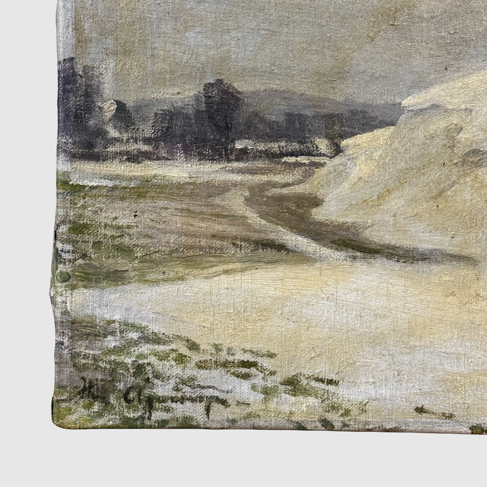 Close-up detail signature lower left corner winter landscape oil on canvas Danish school