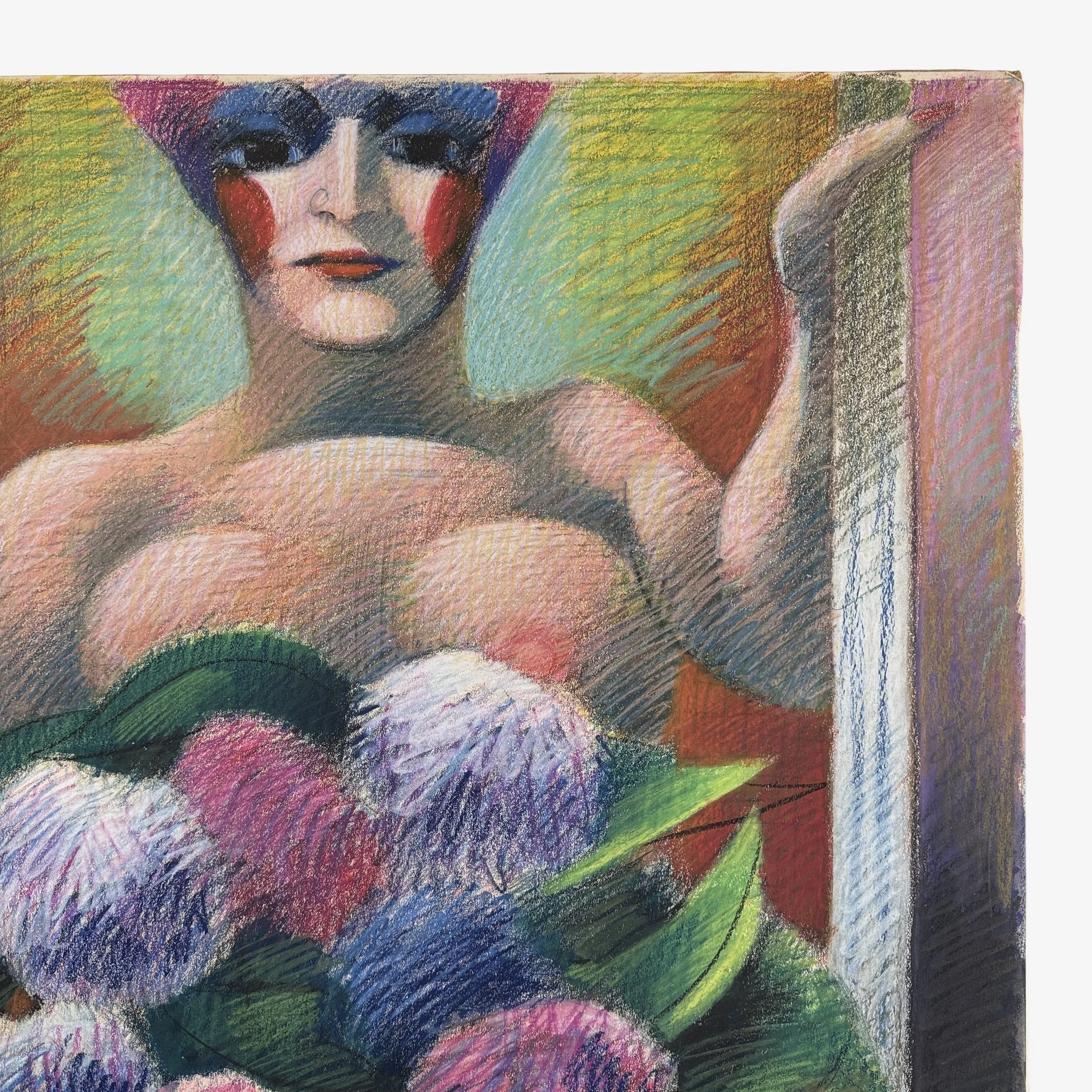 Stylized female figure in pastel with floral arrangement