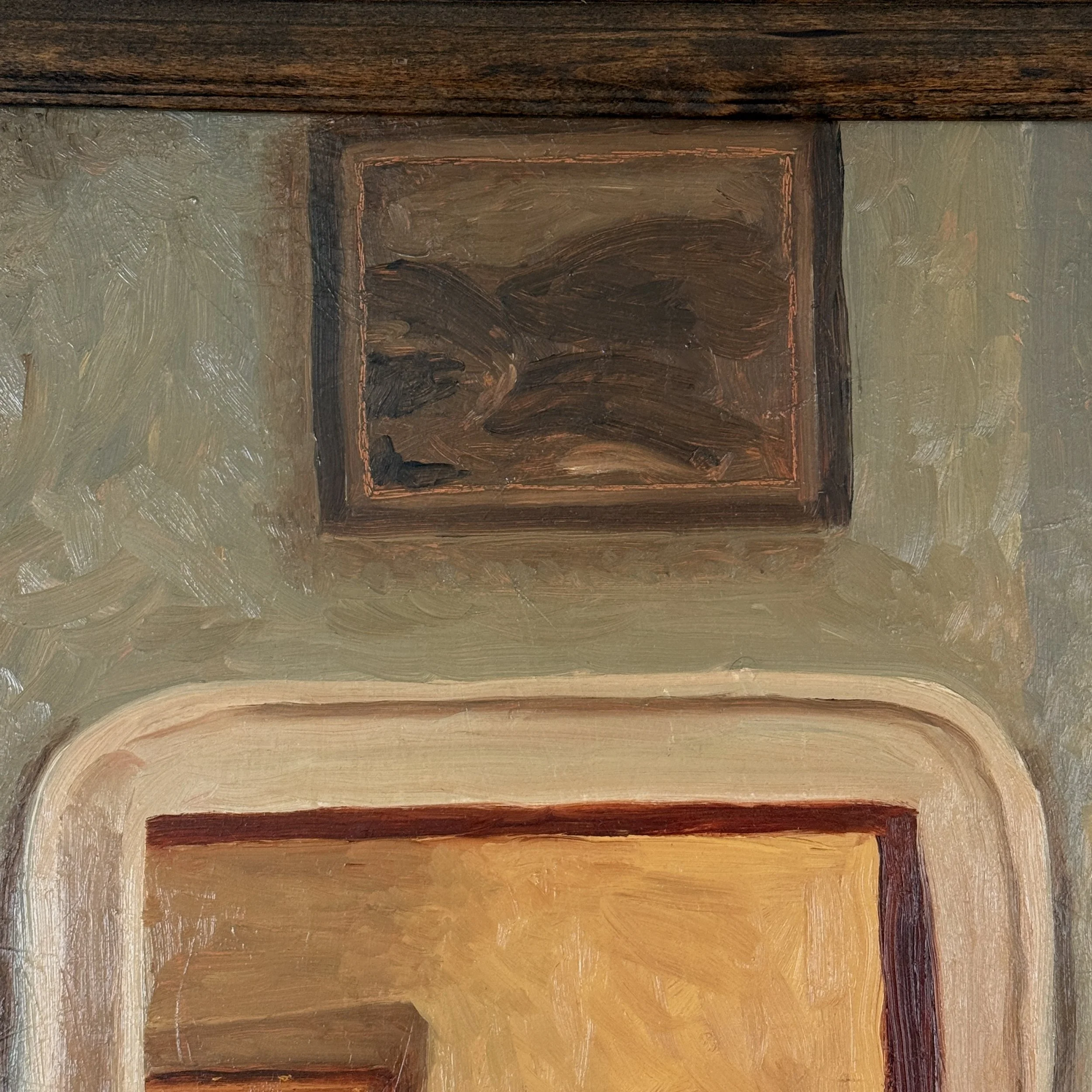 Expressionist interior painting, dimly lit room, lamp and bookshelf, J.D. Sine