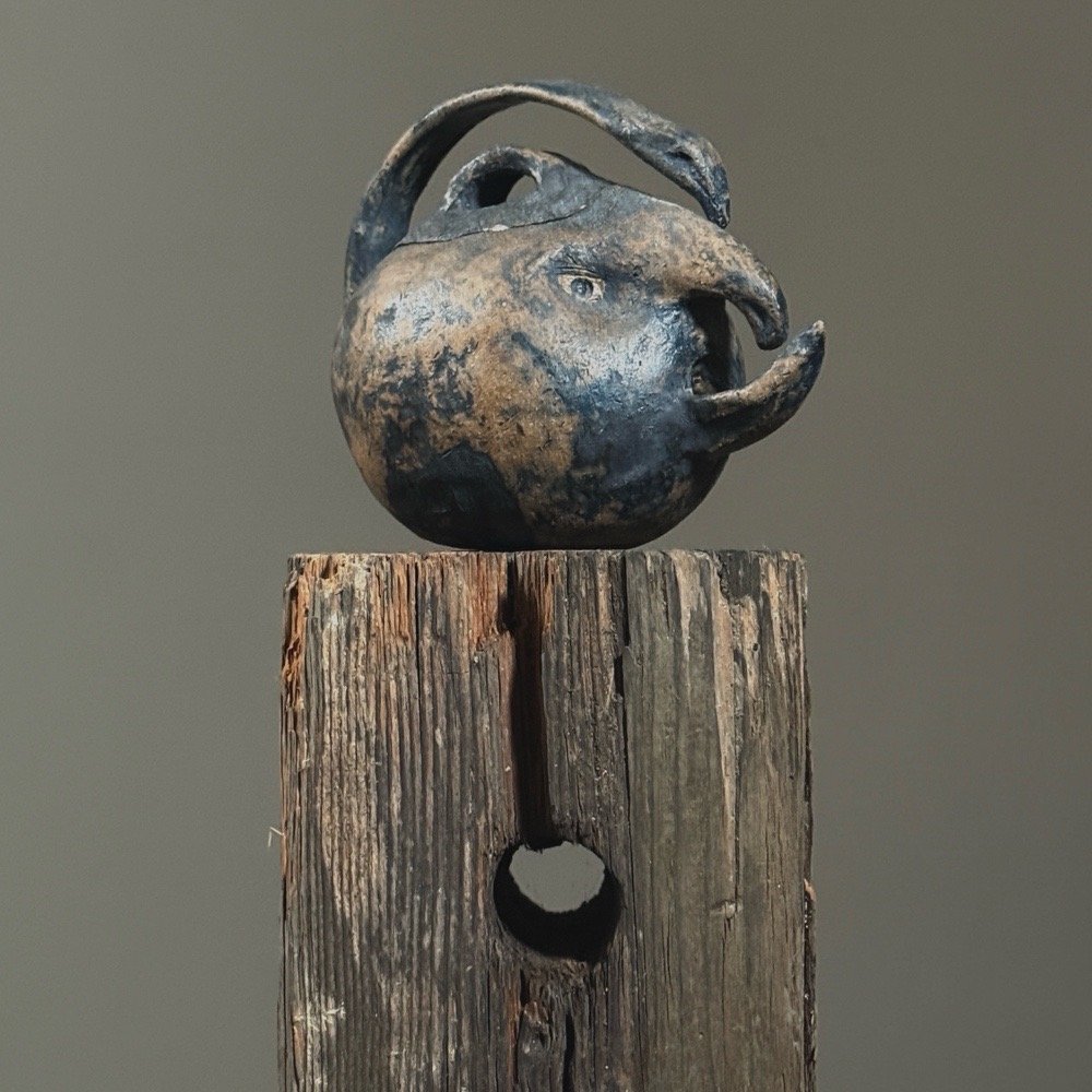 Vintage surrealist ceramic teapot with anthropomorphic face