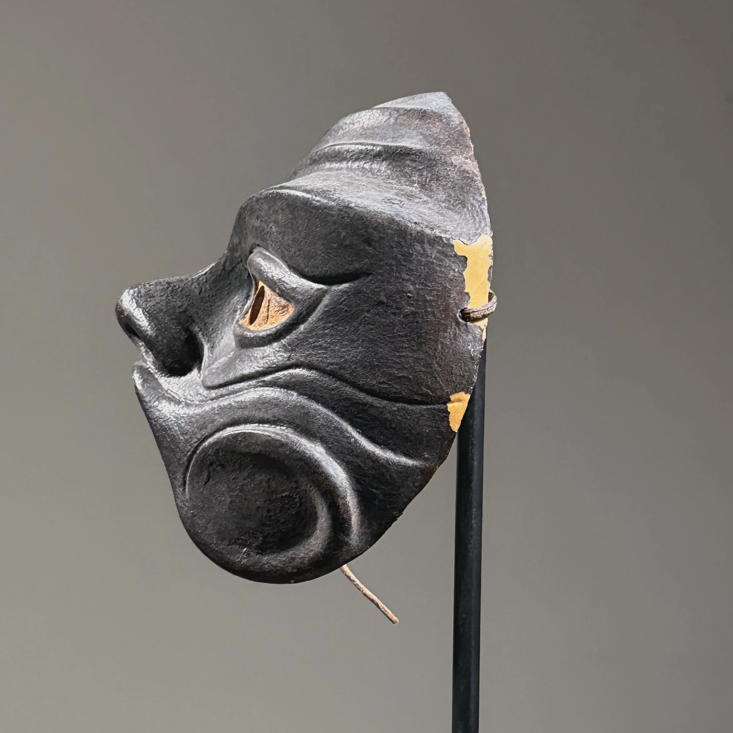 Profile view showing loss along right lateral edge of leather harlequin mask
