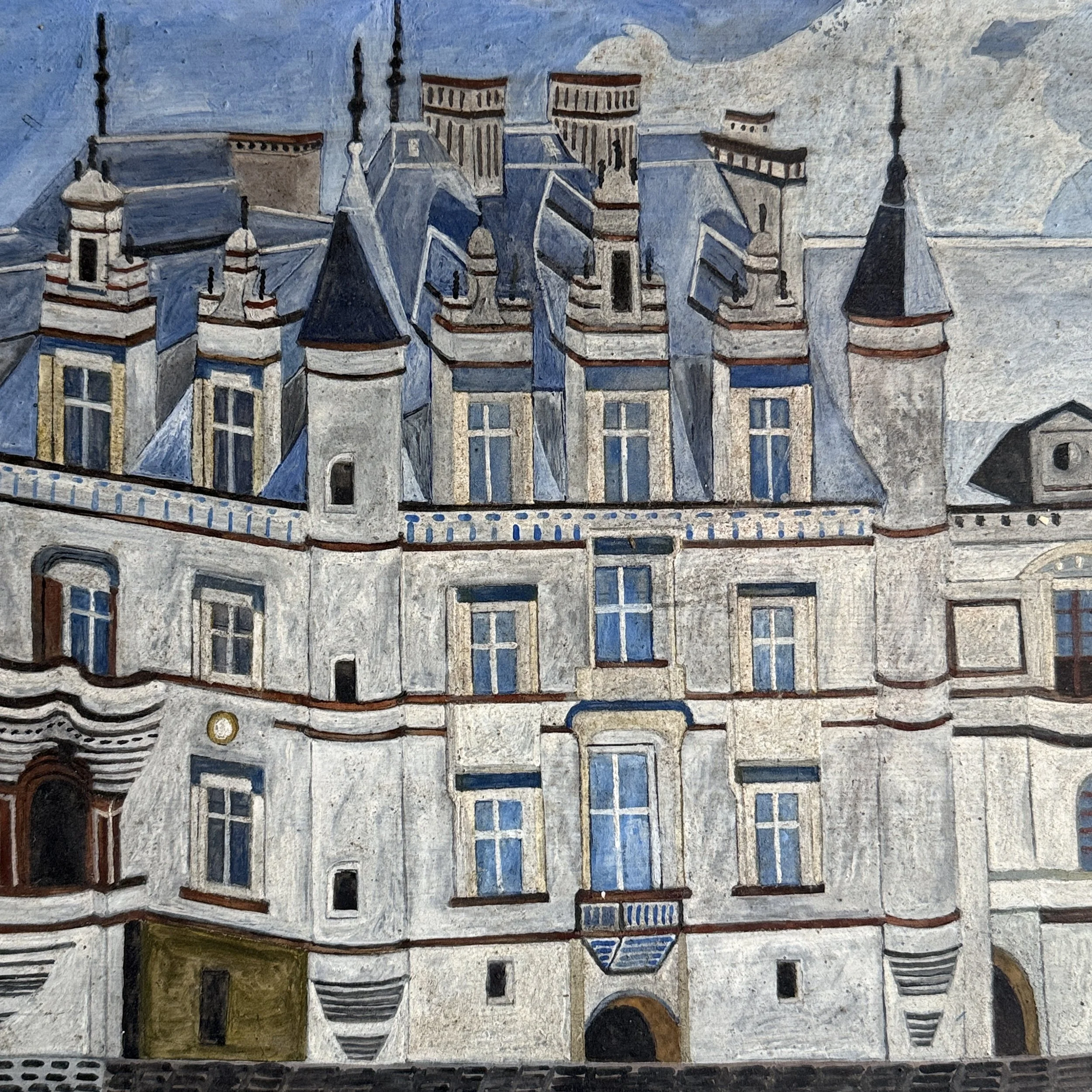 Detail of the château’s towers and rooflines in an antique gouache painting