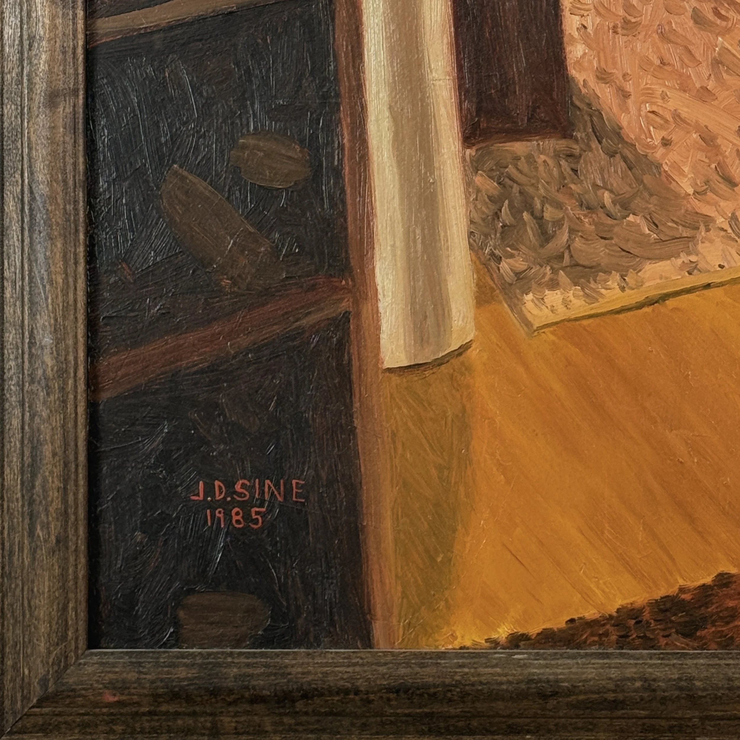 Expressionist interior painting, dimly lit room, lamp and bookshelf, J.D. Sine