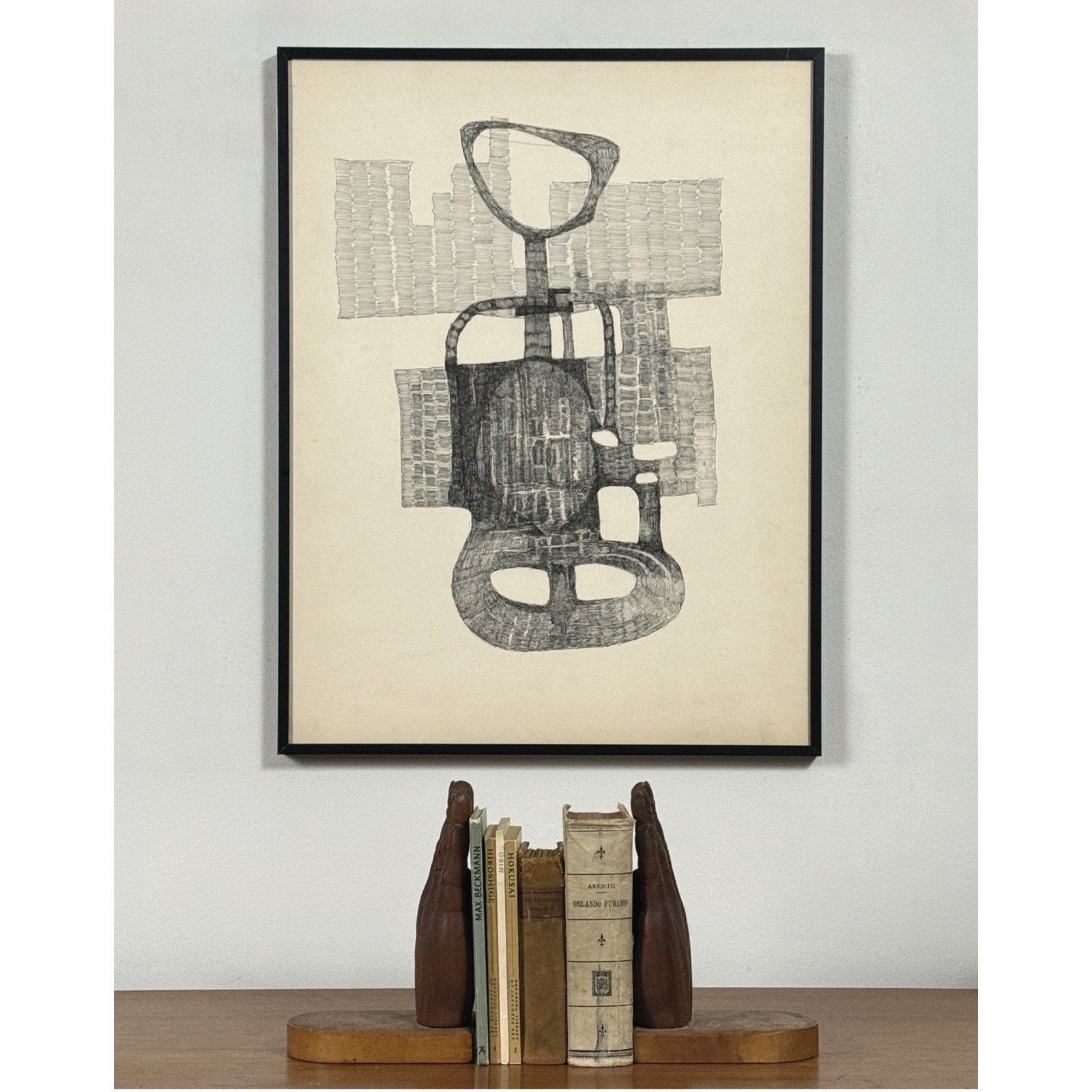 Framed drawing in the interior of a room.